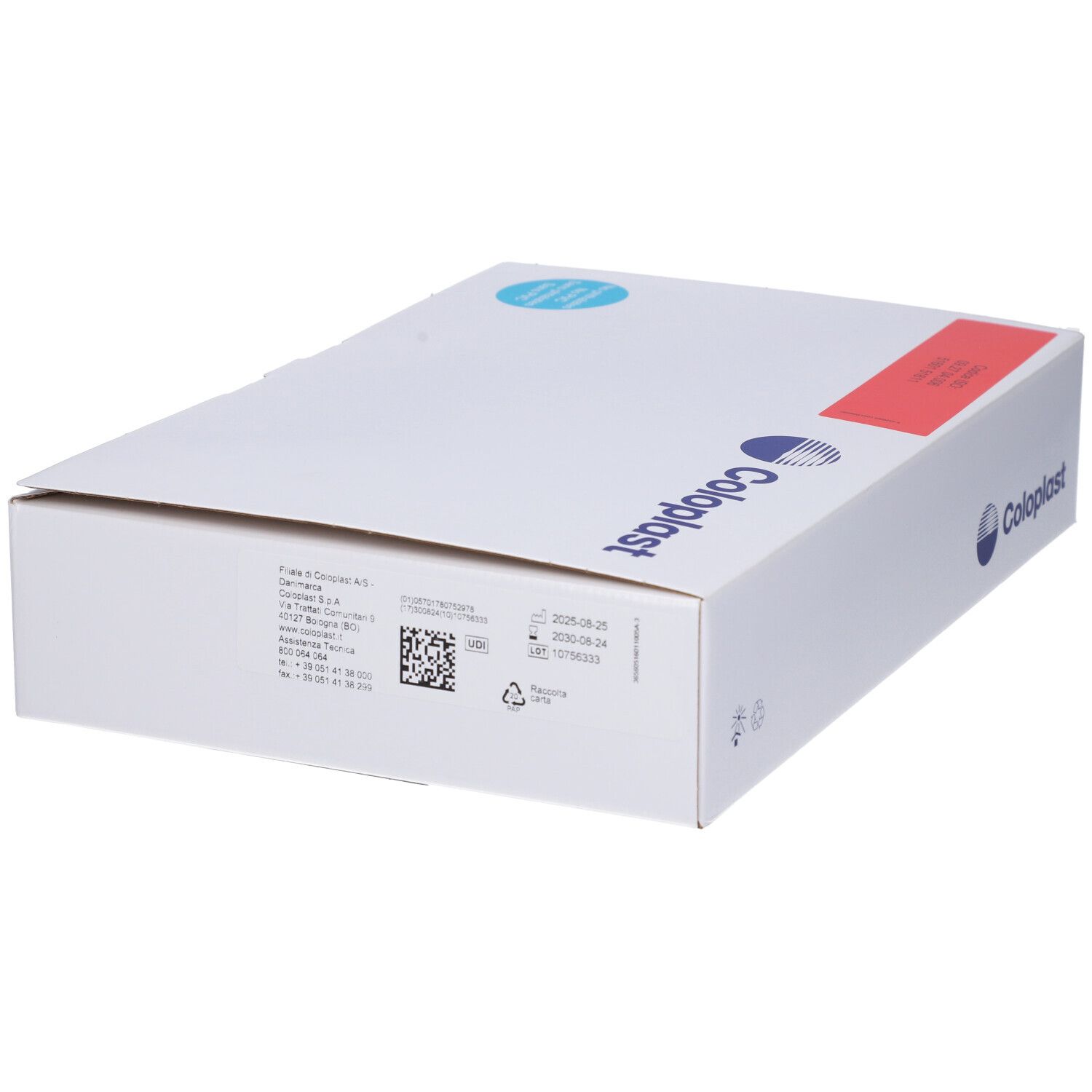 Weiße Produktverpackung mit Coloplast-Logo. Blaue und rote Akzente. Geschlossene Kartonage.