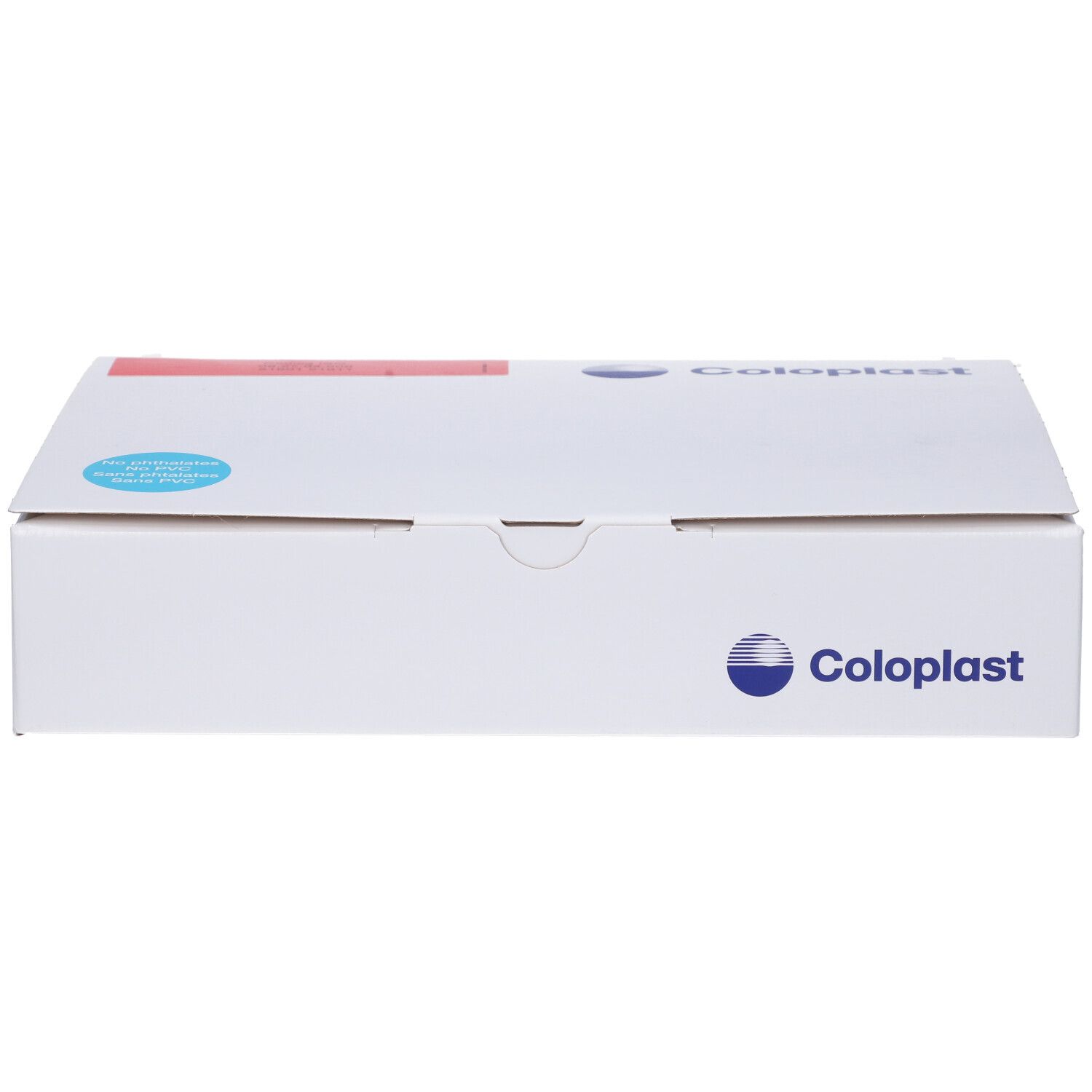 Weiße Produktverpackung mit Coloplast-Logo. Blaue und rote Akzente. Geschlossene Kartonage.