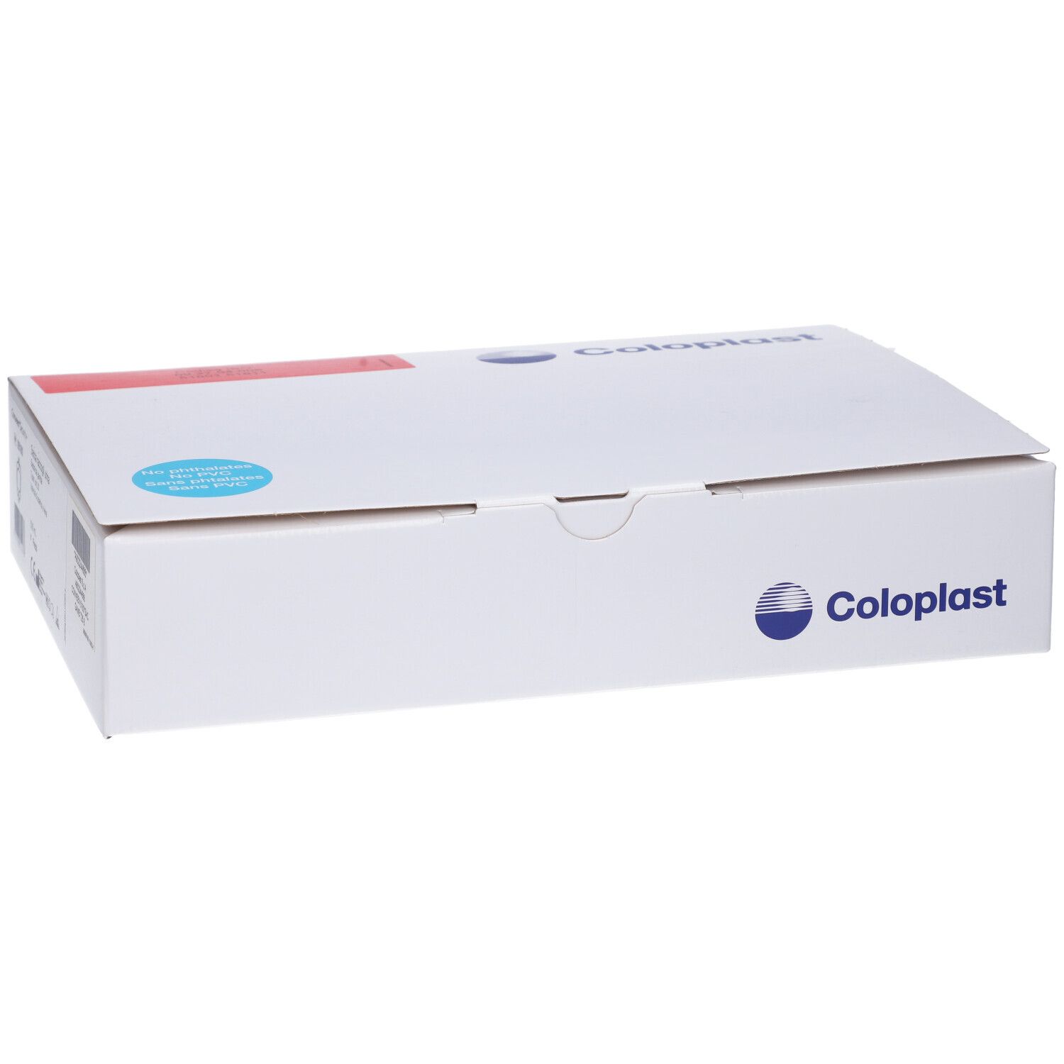 Weiße Produktverpackung mit Coloplast-Logo. Blaue und rote Akzente. Geschlossene Kartonage.