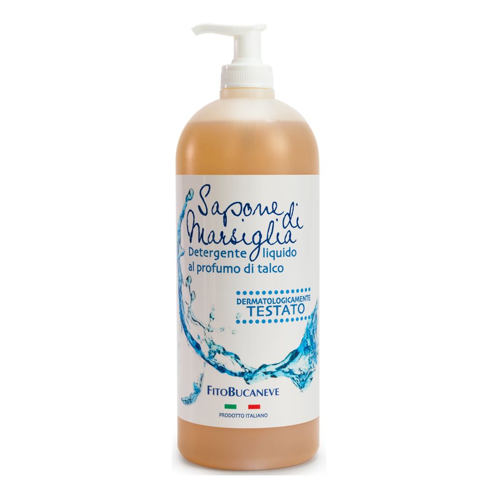 Sapone liquido in flacone con dosatore. Scritta: Sapone di Marsiglia, Dermatologicamente testato. Marchio: FitoBucaneve.