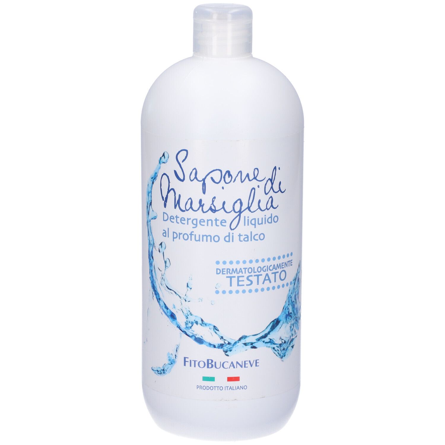 Flacone bianco di sapone liquido. Scritta: Sapone di Marsiglia, Dermatologicamente testato. Marchio: FitoBucaneve.