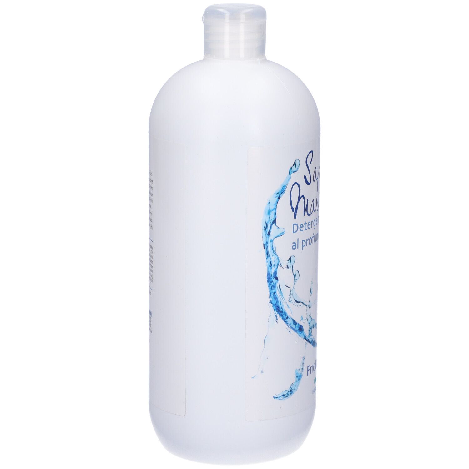 Flacone bianco di sapone liquido. Scritta: Sapone di Marsiglia, Dermatologicamente testato. Marchio: FitoBucaneve.