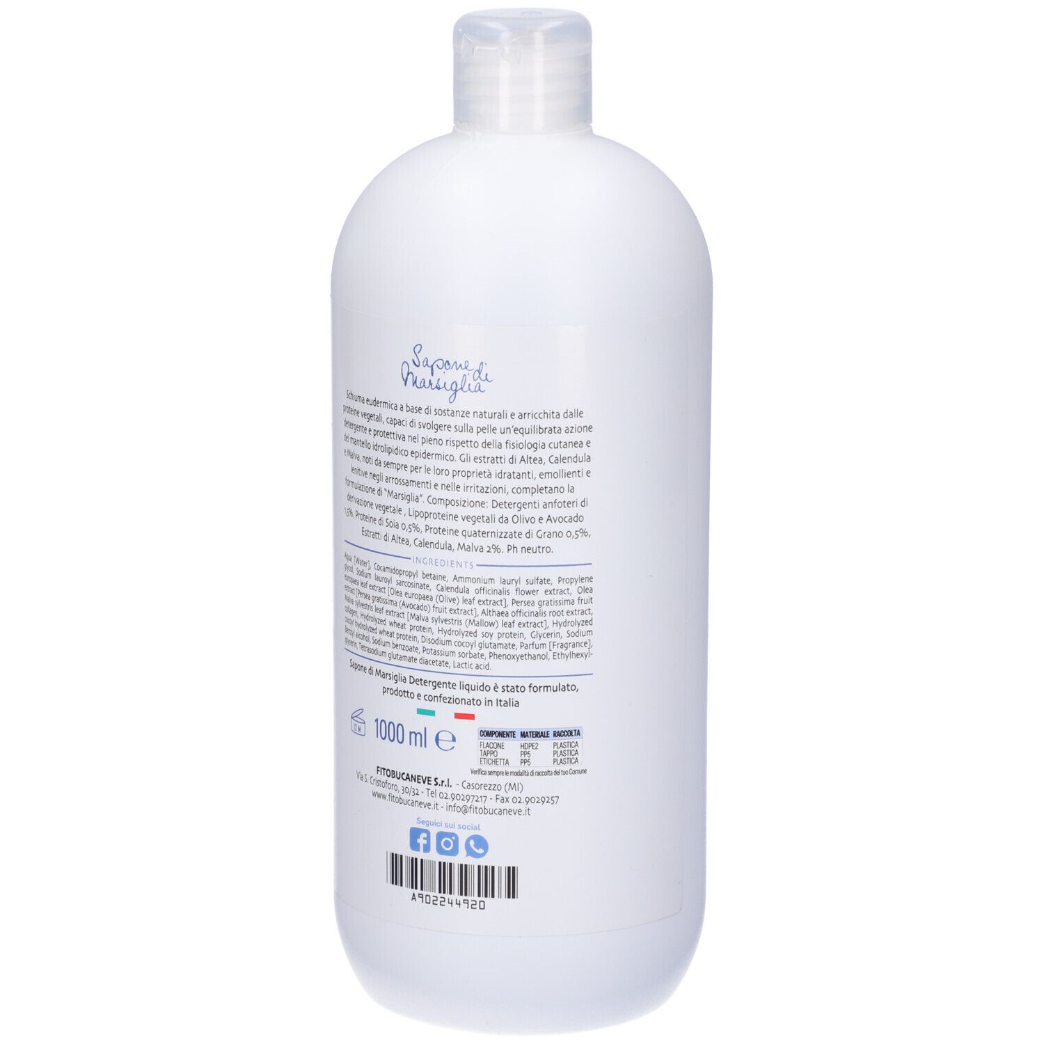 Flacone bianco di sapone liquido. Scritta: Sapone di Marsiglia, Dermatologicamente testato. Marchio: FitoBucaneve.