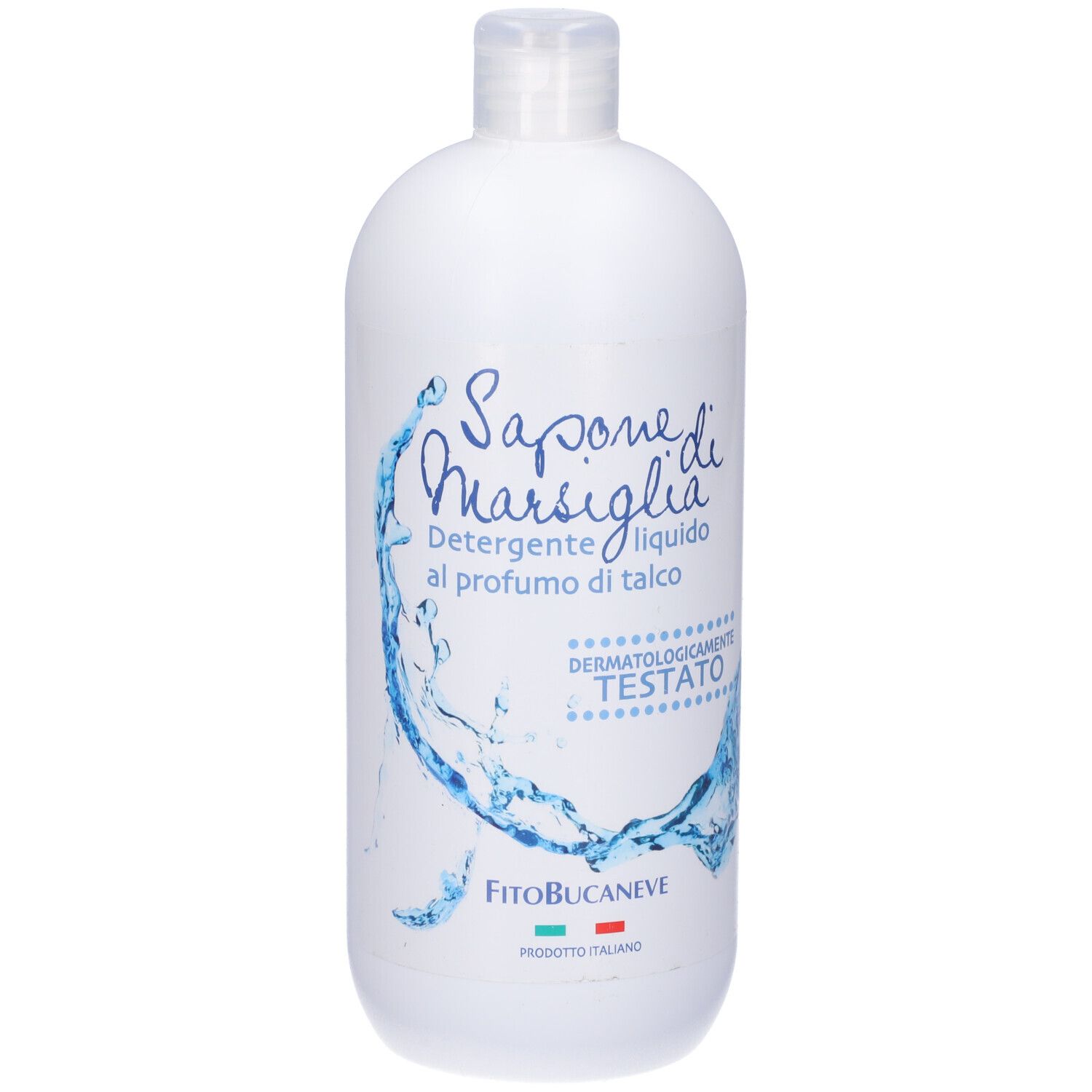 Flacone bianco di sapone liquido. Scritta: Sapone di Marsiglia, Dermatologicamente testato. Marchio: FitoBucaneve.