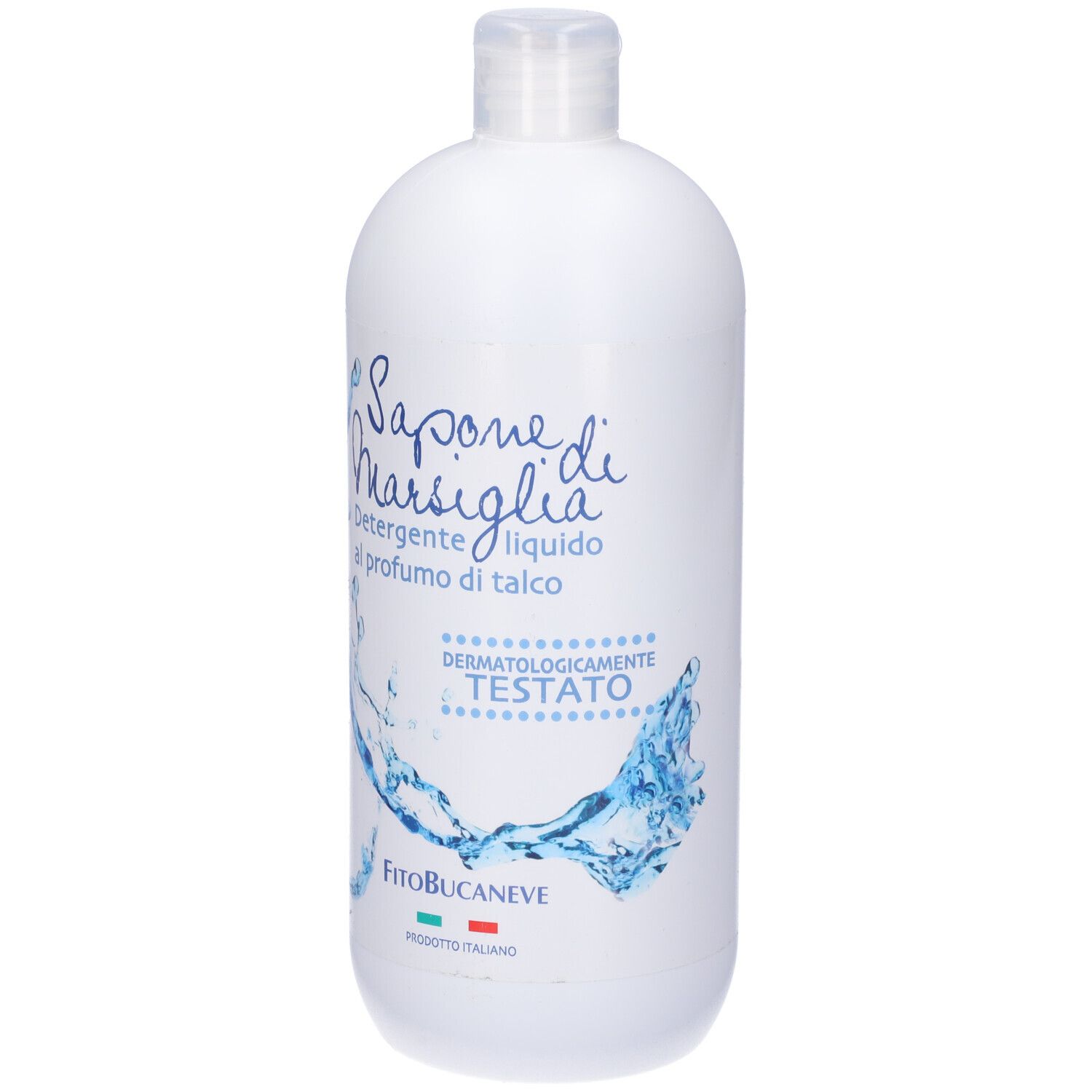 Flacone bianco di sapone liquido. Scritta: Sapone di Marsiglia, Dermatologicamente testato. Marchio: FitoBucaneve.