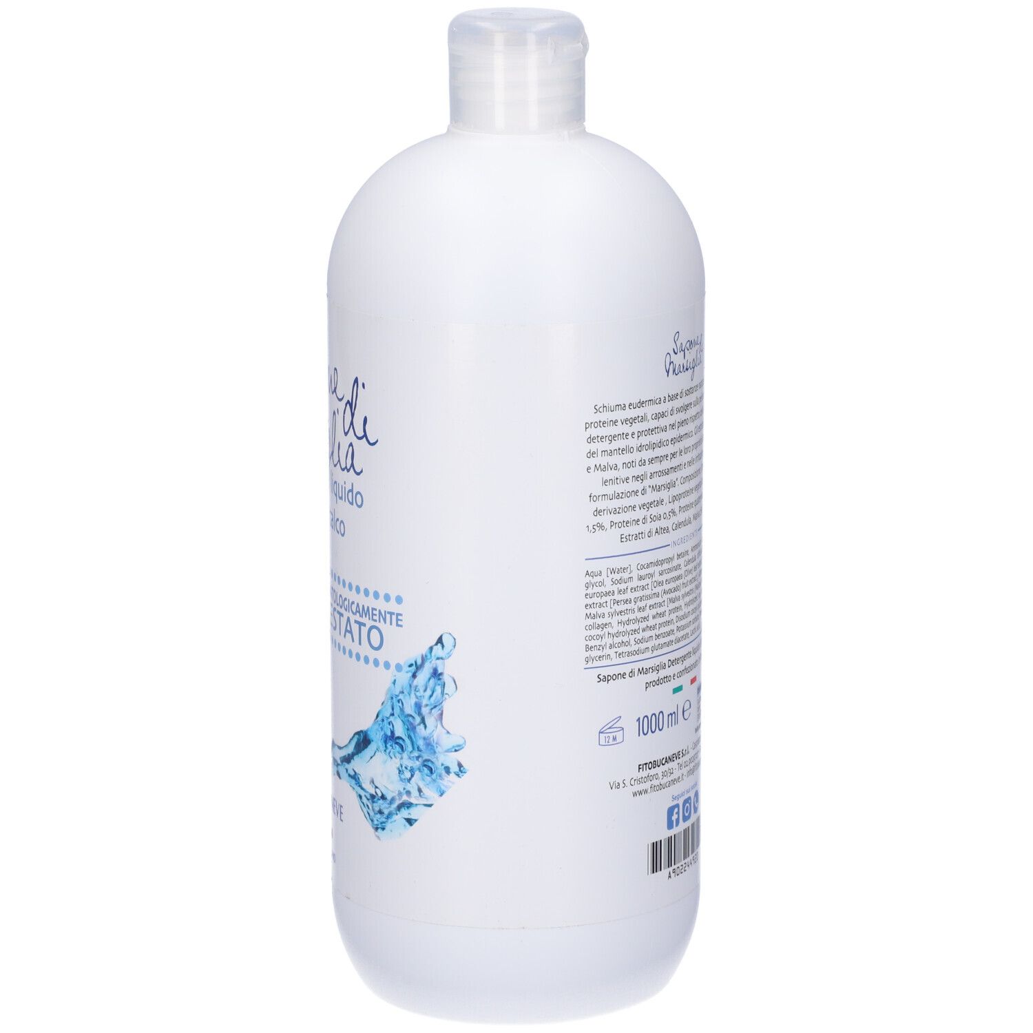 Flacone bianco di sapone liquido. Scritta: Sapone di Marsiglia, Dermatologicamente testato. Marchio: FitoBucaneve.
