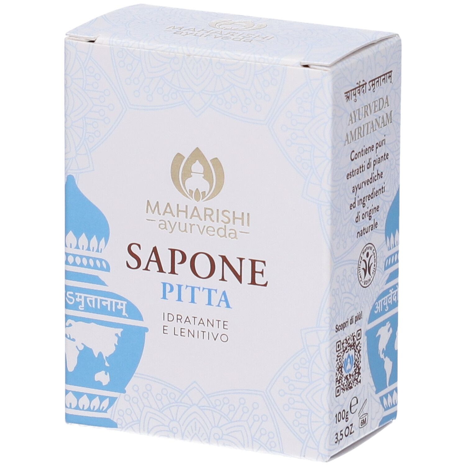 Scatola di Sapone Pitta, Maharishi Ayurveda. Con scritte in italiano e altre lingue. Colori bianco e blu.