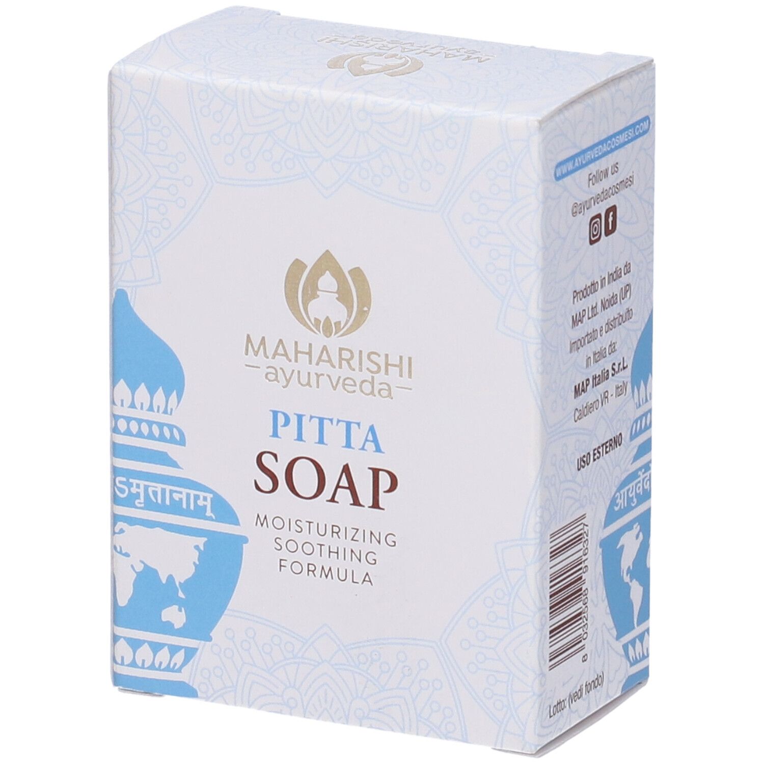 Scatola di Pitta Soap, Maharishi Ayurveda. Con scritte in inglese e altre lingue. Colori bianco e blu.