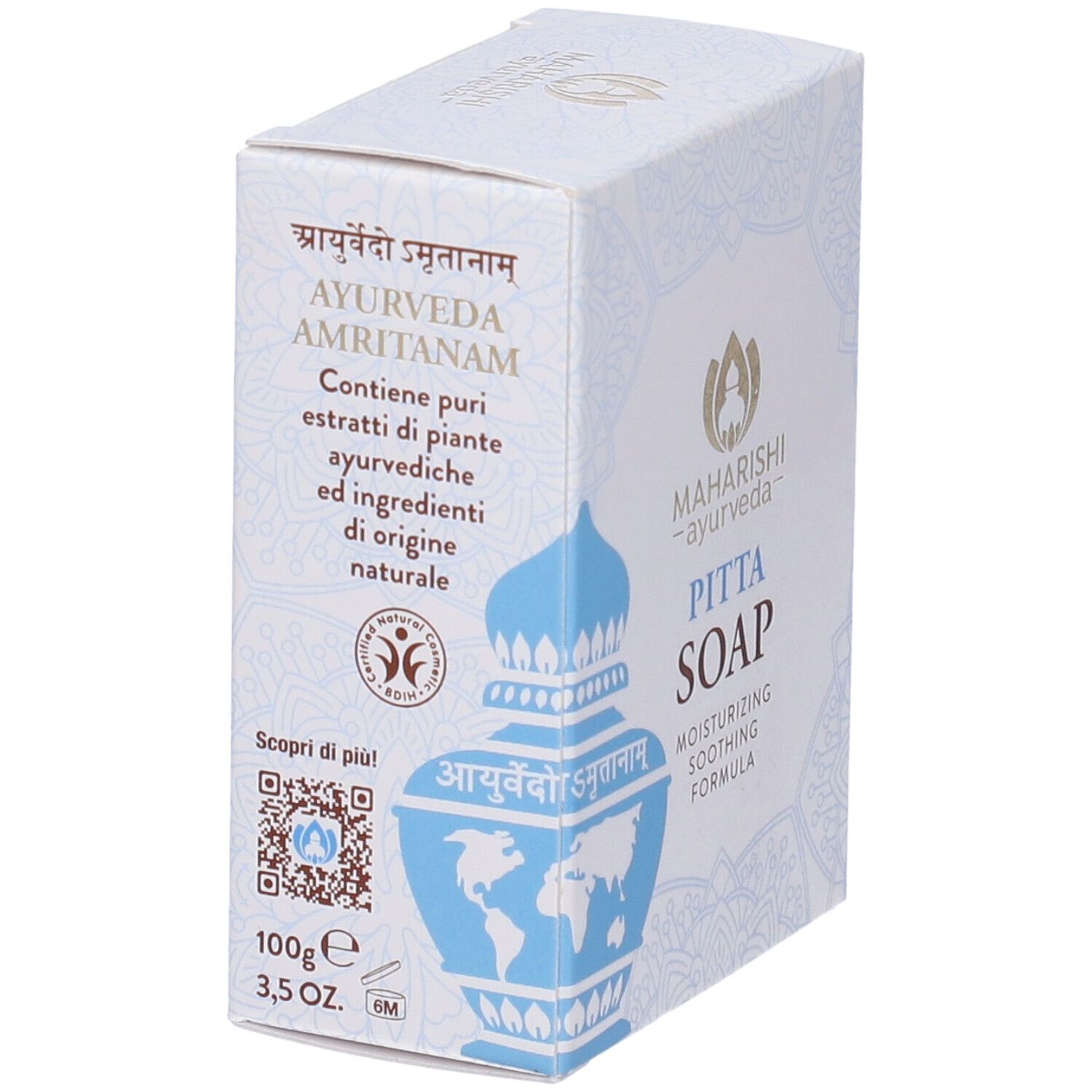 Scatola di Pitta Soap, Maharishi Ayurveda. Con scritte in inglese e altre lingue. Colori bianco e blu.