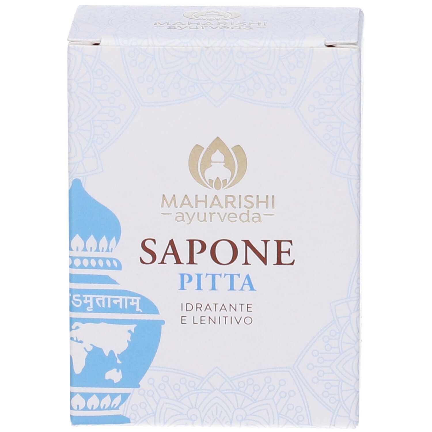 Scatola di Sapone Pitta, Maharishi Ayurveda. Con scritte in italiano e altre lingue. Colori bianco e blu.