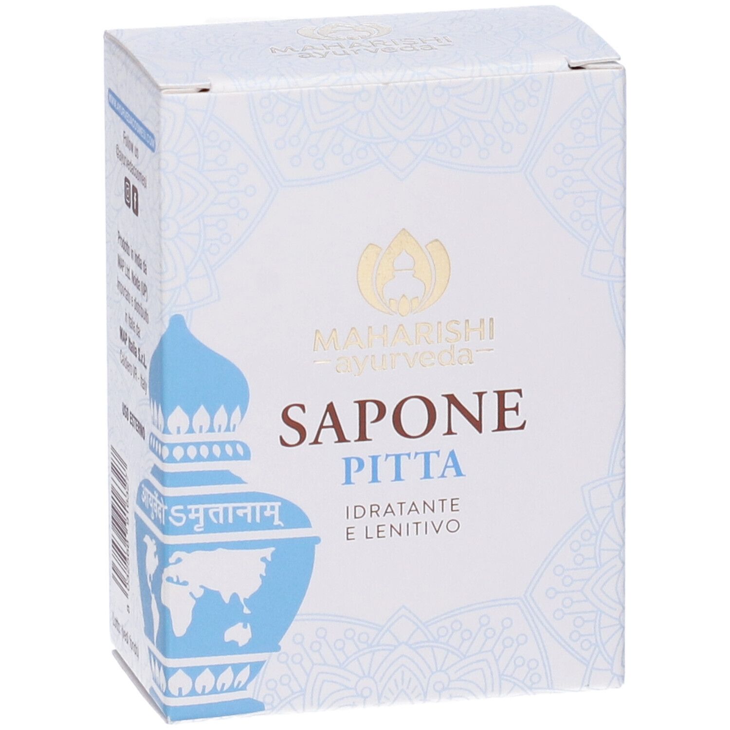 Scatola di Sapone Pitta, Maharishi Ayurveda. Con scritte in italiano e altre lingue. Colori bianco e blu.
