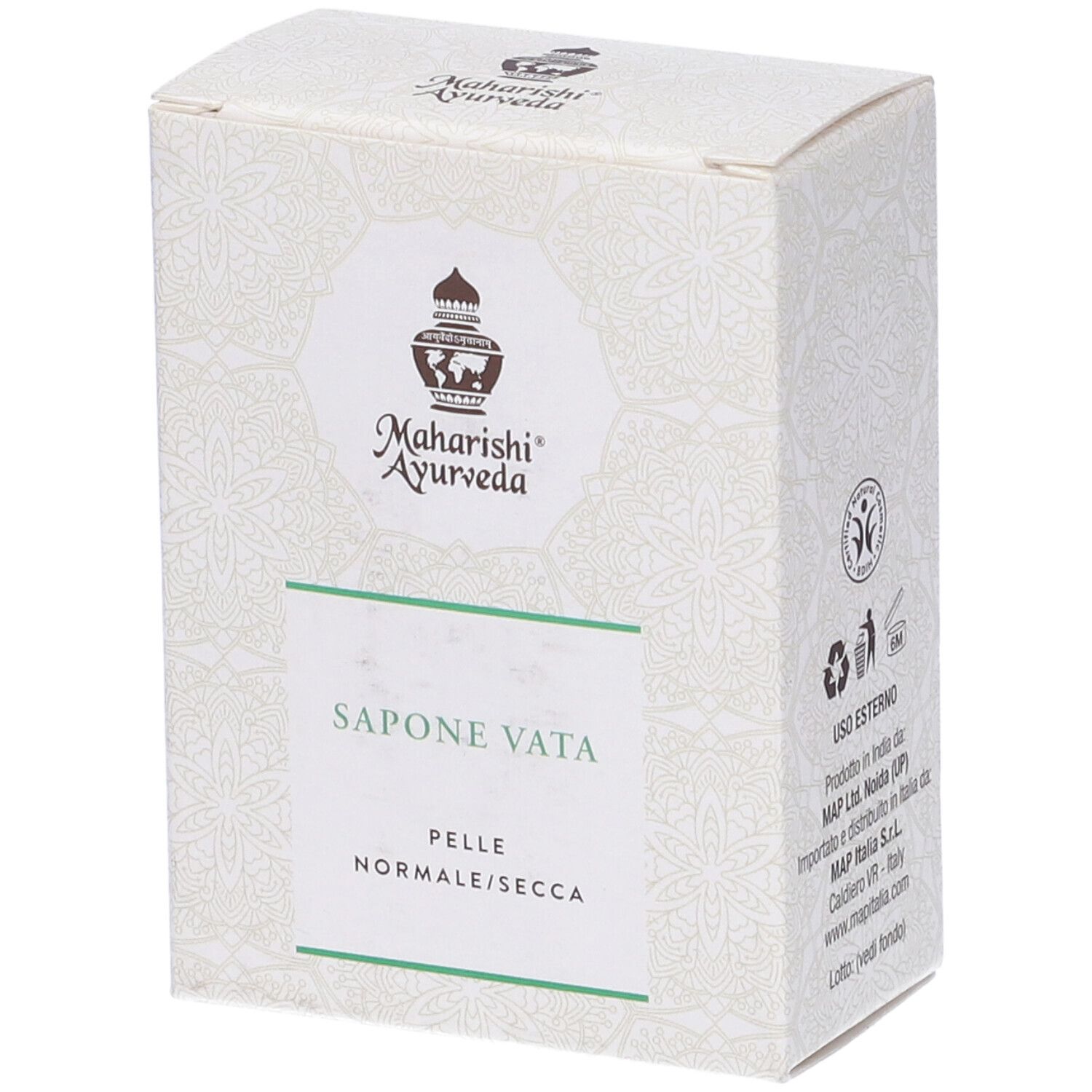 Scatola di Sapone Vata per pelle normale/secca. Marchio: Maharishi Ayurveda. Confezione bianca con motivi.