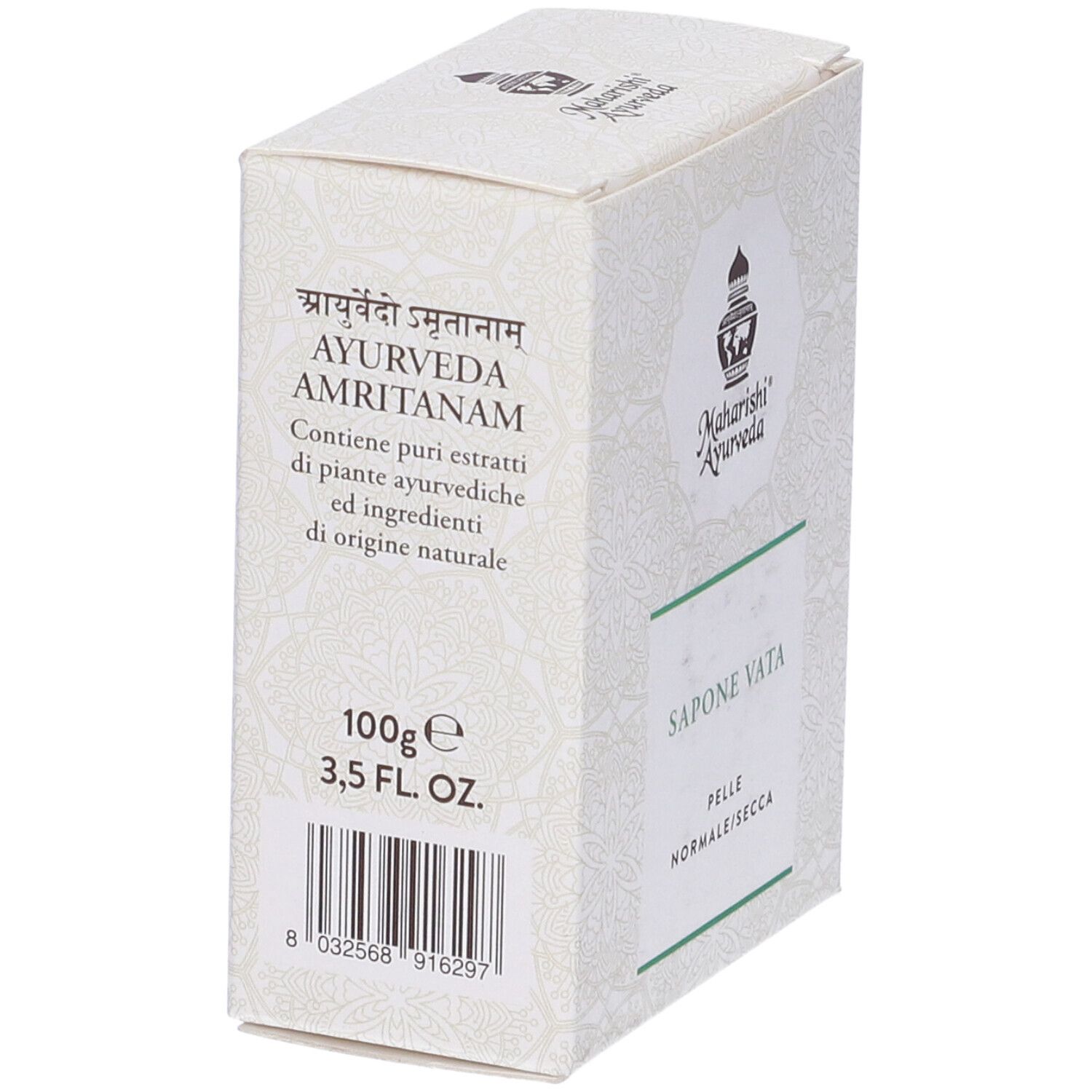 Scatola di Sapone Vata. Scritte: 100g, 3.5 FL OZ. Codice a barre. Marchio: Maharishi Ayurveda.