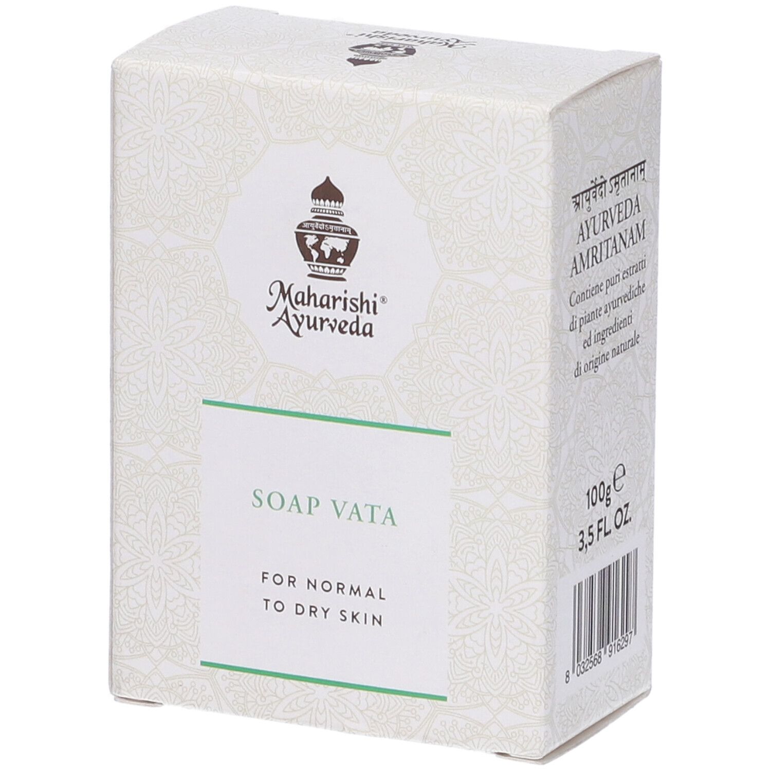 Scatola di Soap Vata per pelli da normali a secche. Marchio: Maharishi Ayurveda. Confezione bianca.