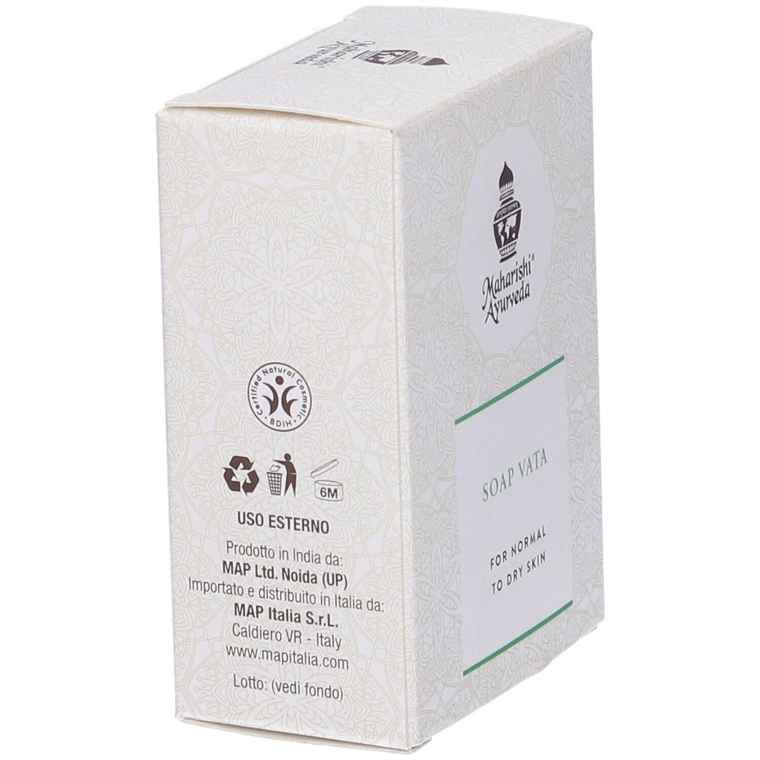 Scatola di Soap Vata per pelli da normali a secche. Marchio: Maharishi Ayurveda. Con loghi.