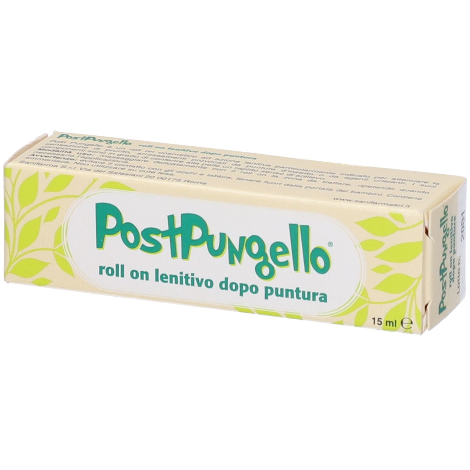 Scatola beige con logo e testo verdi. Scritto: PostPungello roll on lenitivo dopo puntura 15 ml. Con foglie verdi.