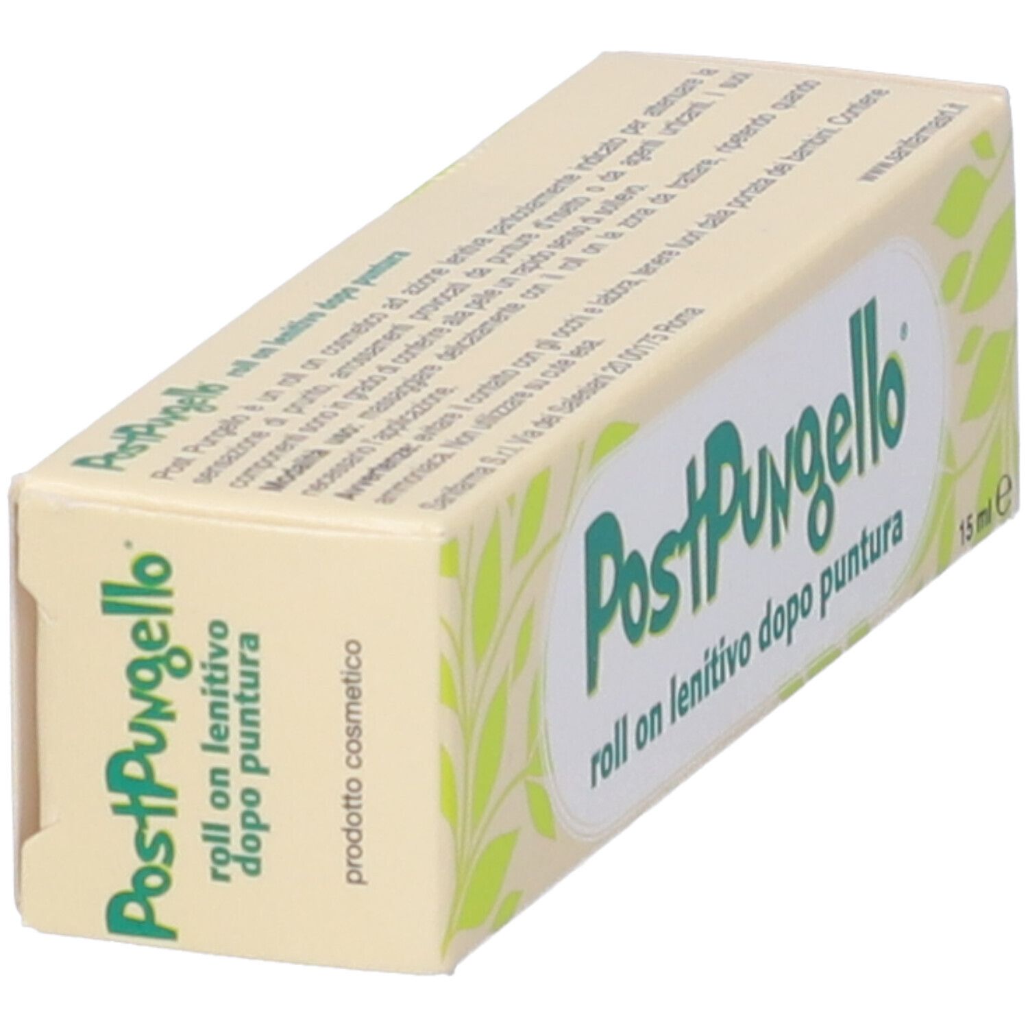 Scatola beige con logo e testo verdi. Scritto: PostPungello roll on lenitivo dopo puntura 15 ml. Con foglie verdi.