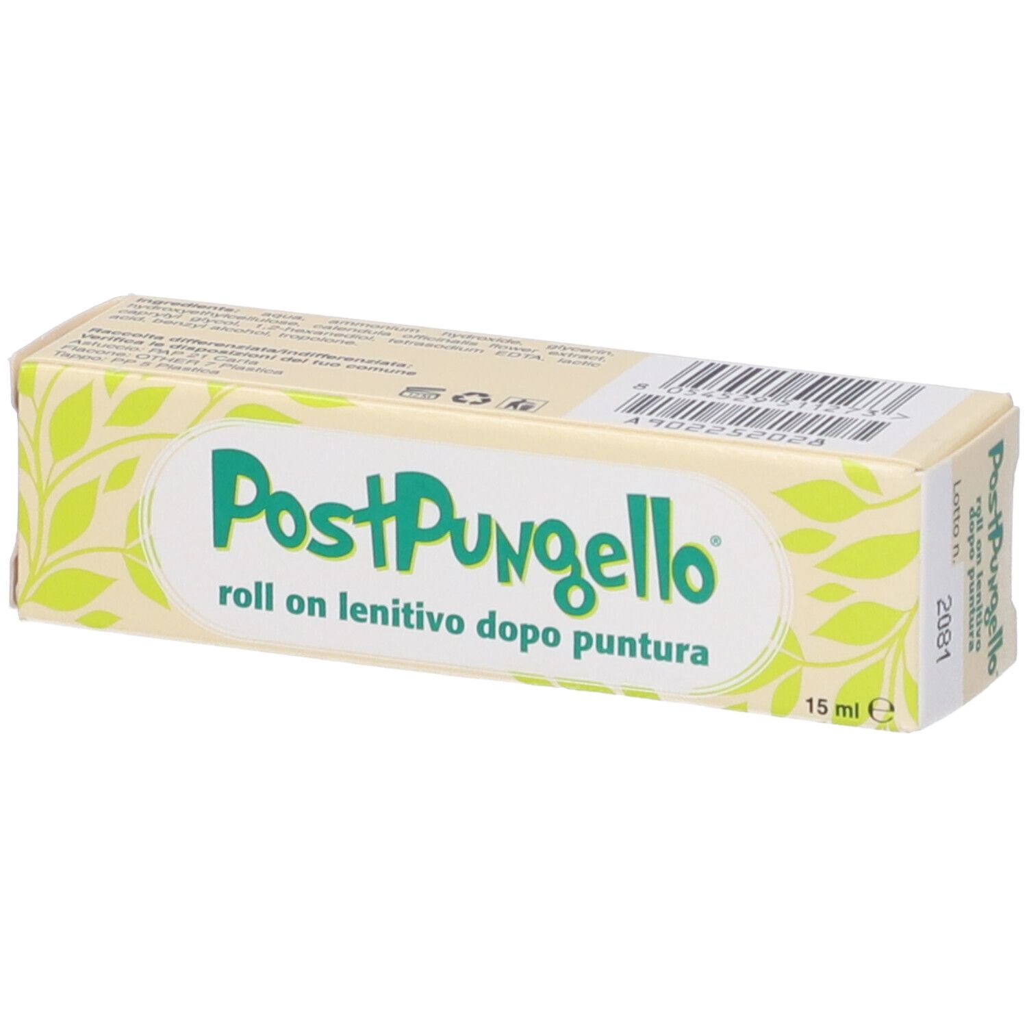 Scatola beige con logo e testo verdi. Scritto: PostPungello roll on lenitivo dopo puntura 15 ml. Con foglie verdi.
