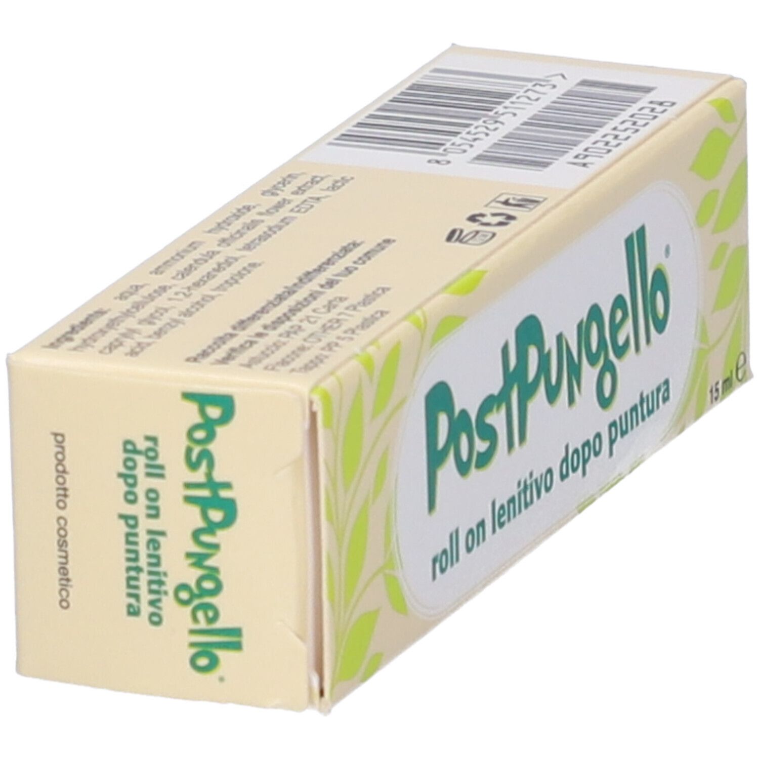 Scatola beige con logo e testo verdi. Scritto: PostPungello roll on lenitivo dopo puntura 15 ml. Con foglie verdi.