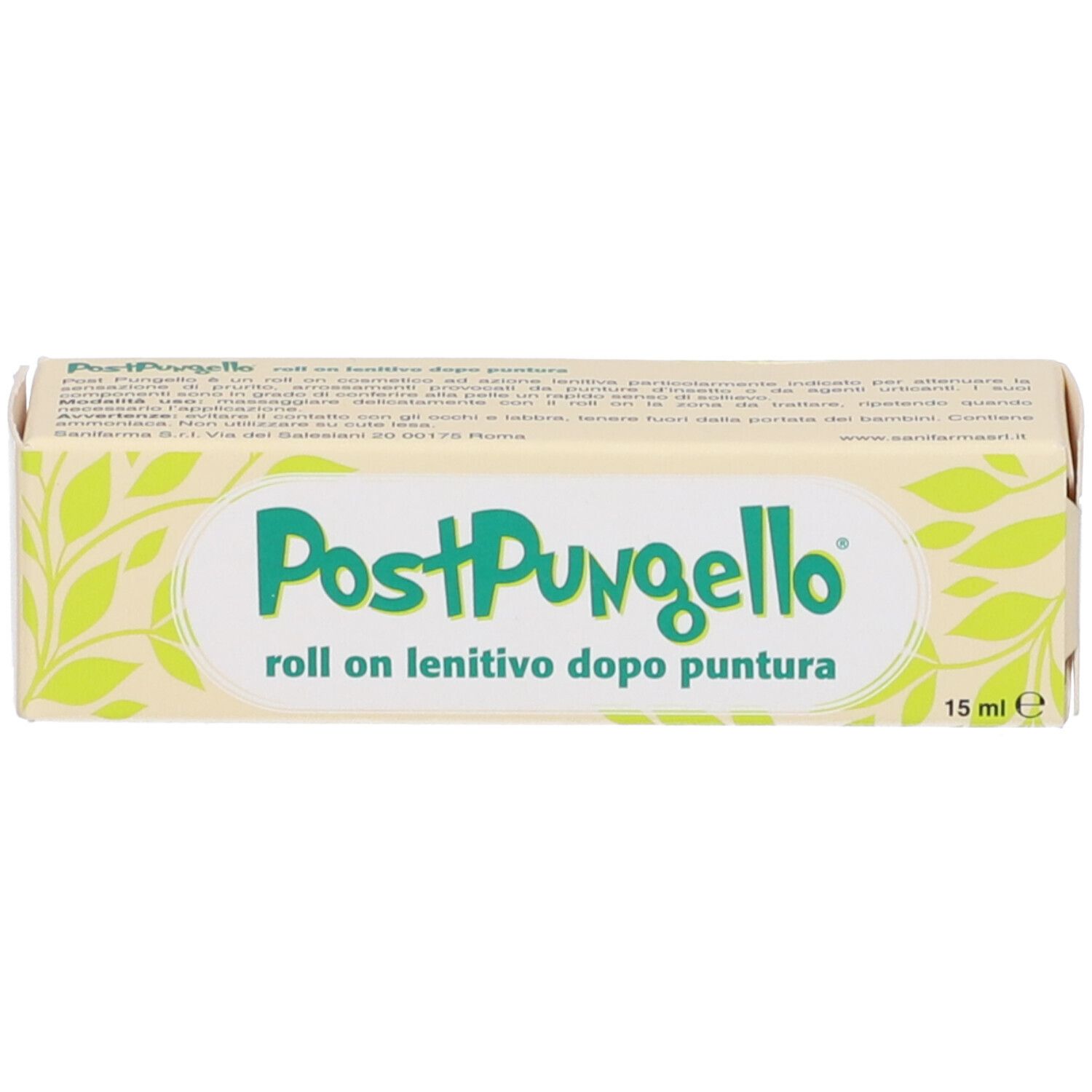 Scatola beige con logo e testo verdi. Scritto: PostPungello roll on lenitivo dopo puntura 15 ml. Con foglie verdi.