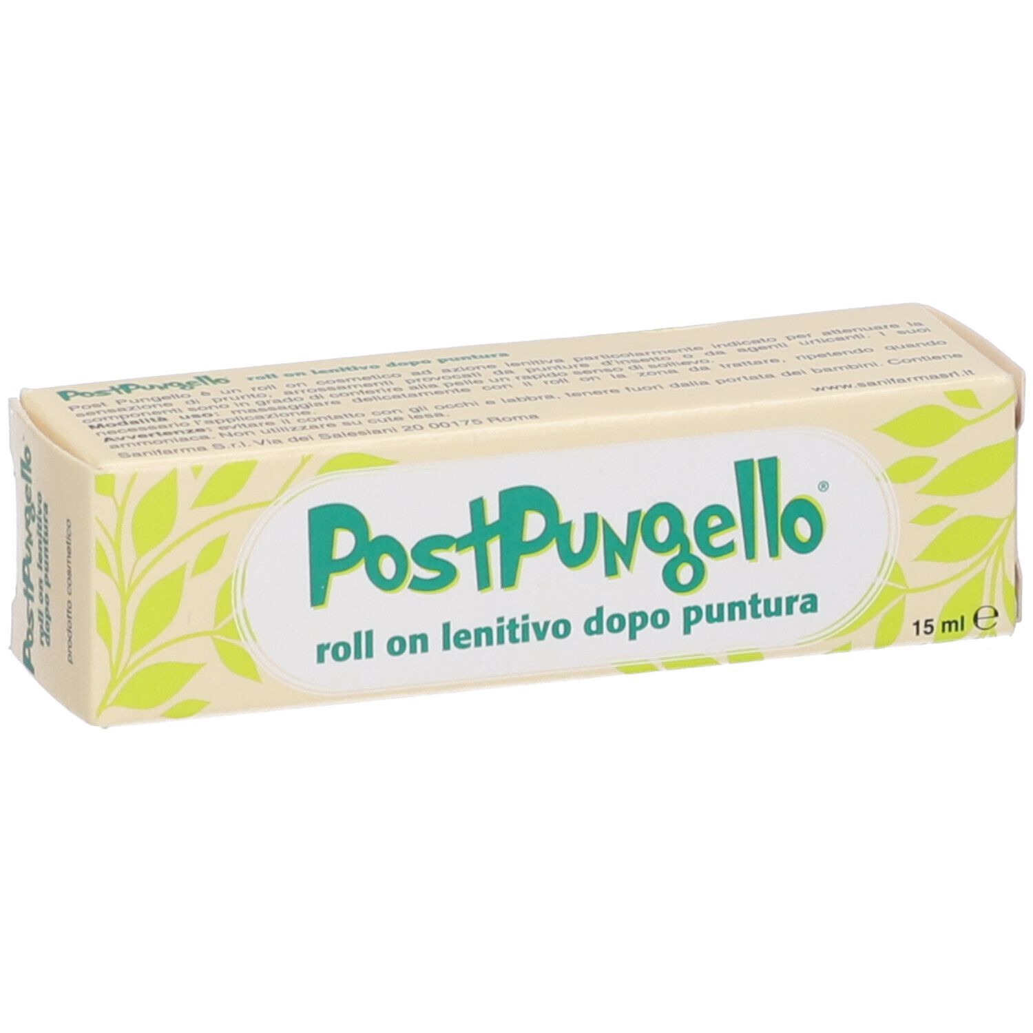 Scatola beige con logo e testo verdi. Scritto: PostPungello roll on lenitivo dopo puntura 15 ml. Con foglie verdi.