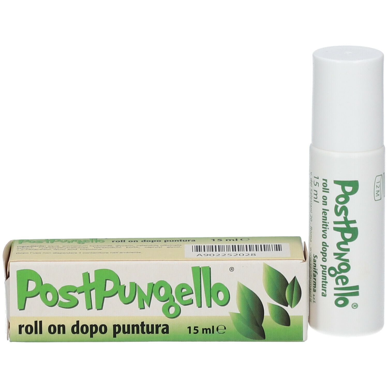 Roll-on bianco e scatola con logo e testo verdi. Scritto: PostPungello roll on dopo puntura 15 ml.