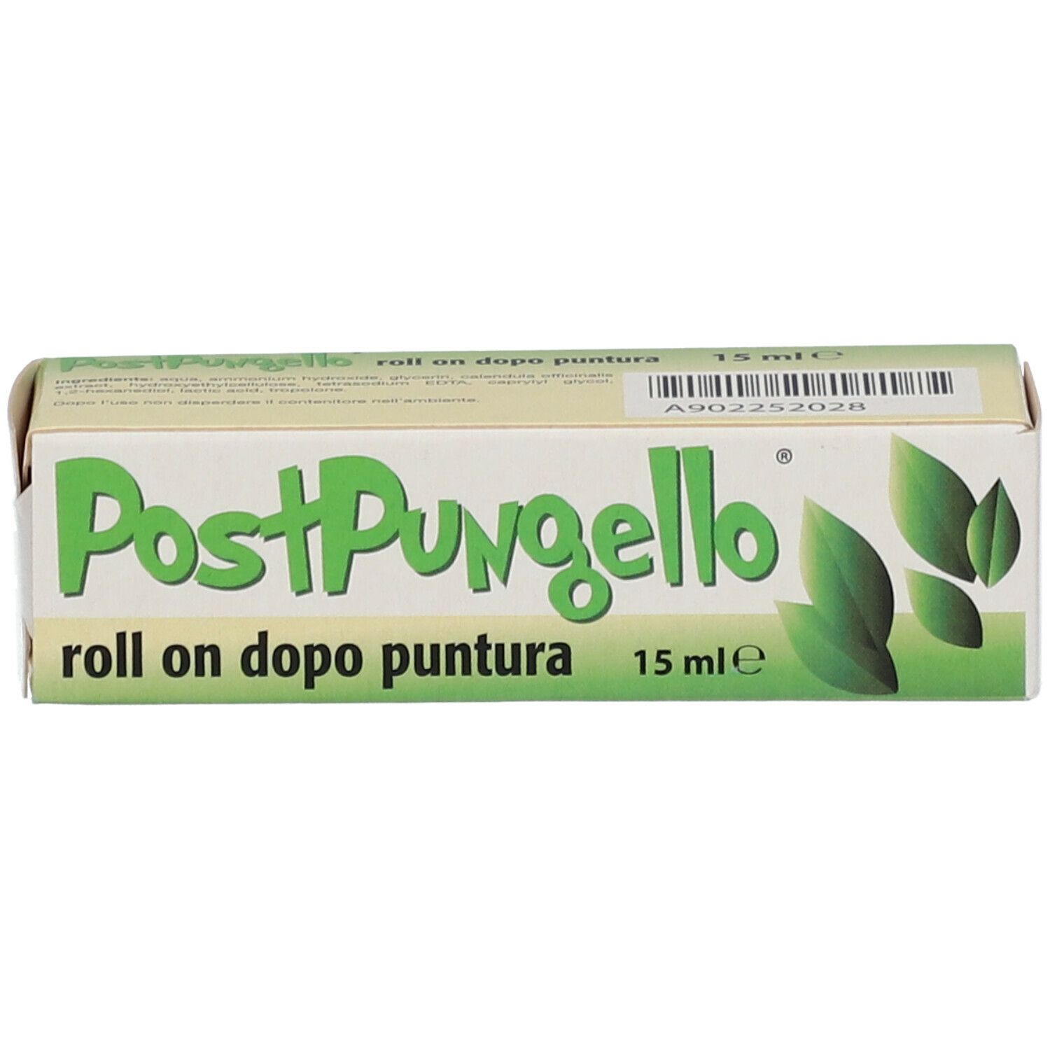 Scatola beige con logo e testo verdi. Scritto: PostPungello roll on lenitivo dopo puntura 15 ml. Con foglie verdi.