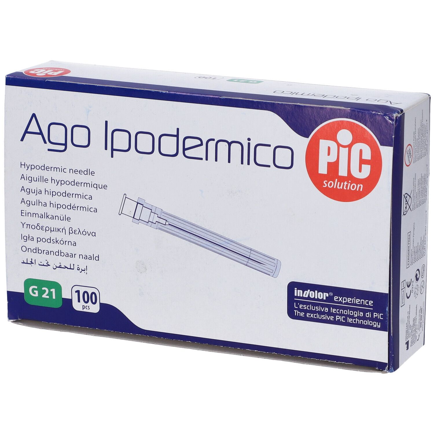 Scatola Ago Ipodermico, PIC. Contiene 100 aghi, G21.