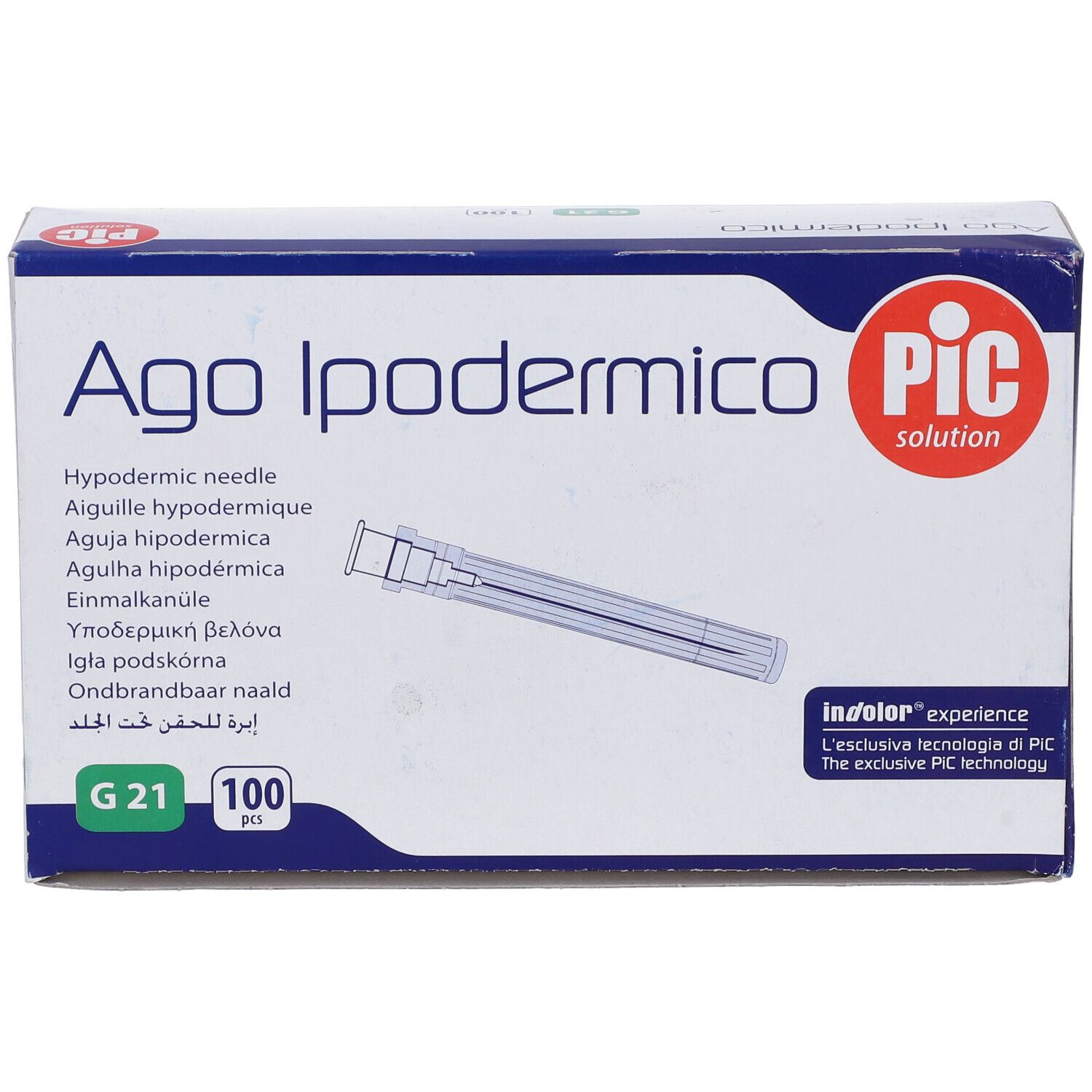 Scatola Ago Ipodermico, PIC. Contiene 100 aghi, G21. Vista del prodotto.