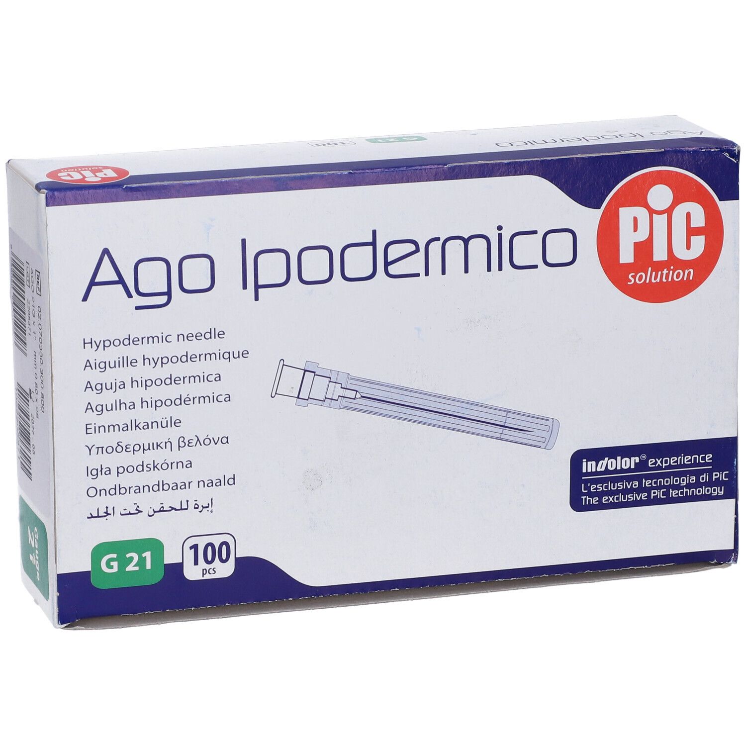 Scatola Ago Ipodermico, PIC. Contiene 100 aghi, G21. Vista del prodotto.