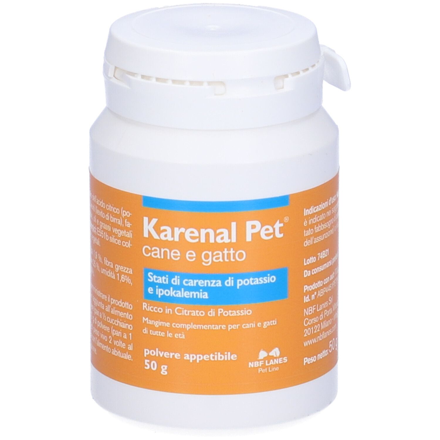 Flacone bianco Karenal Pet. Testo: 'Polvere appetibile', '50 g'. Etichetta arancione con testo.