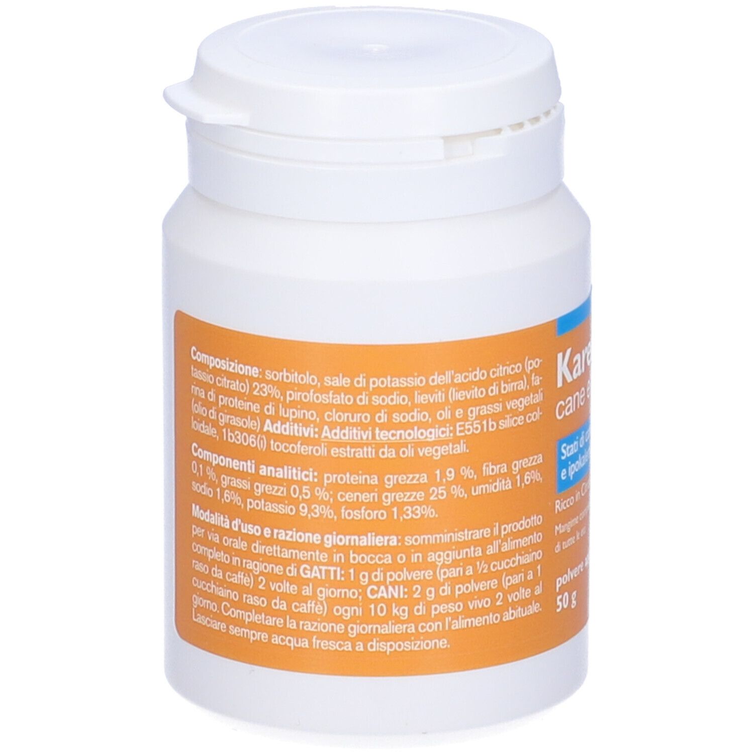 Flacone bianco Karenal Pet. Testo: 'Polvere appetibile', '50 g'. Etichetta arancione con testo.