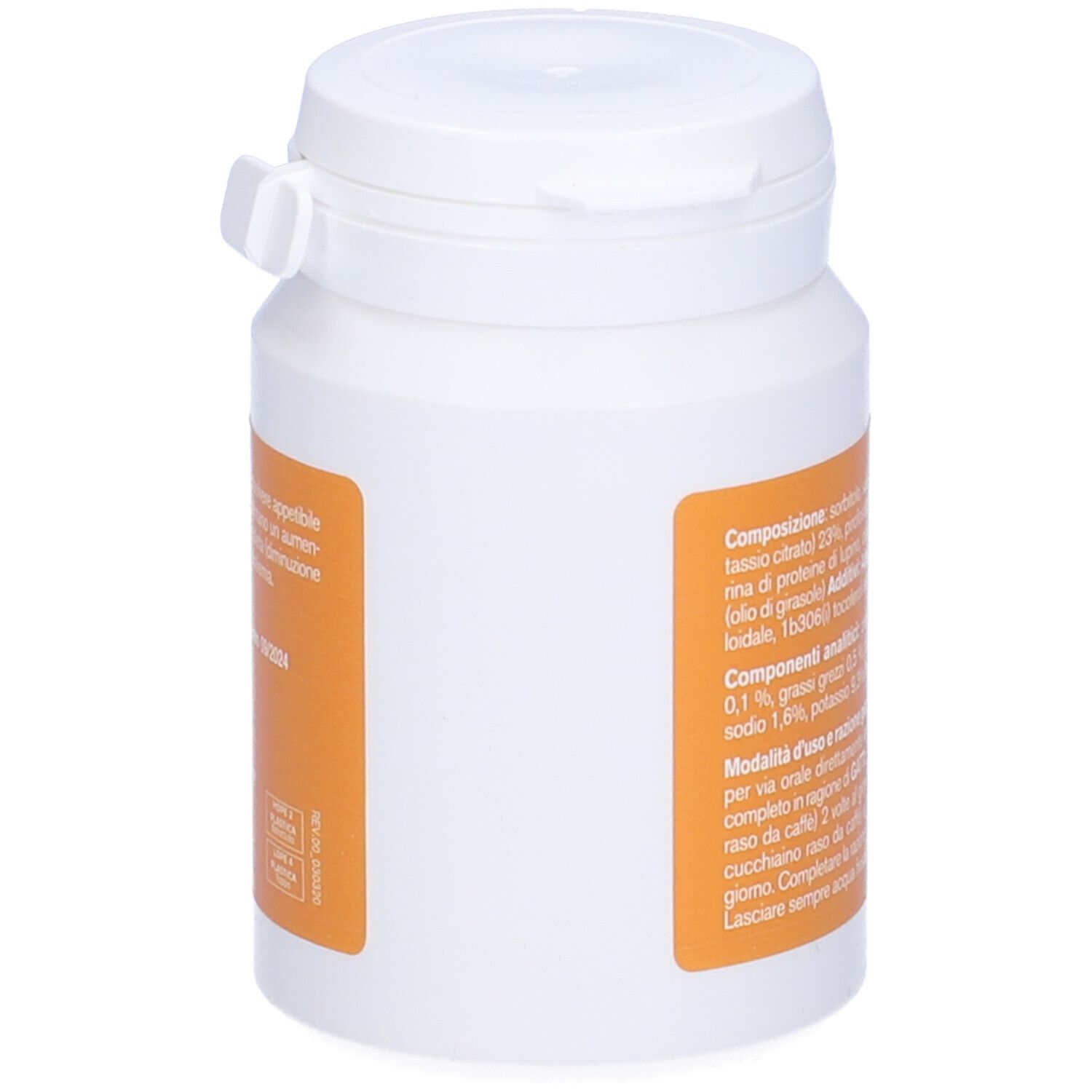 Flacone bianco Karenal Pet. Testo: 'Polvere appetibile', '50 g'. Etichetta arancione con testo.