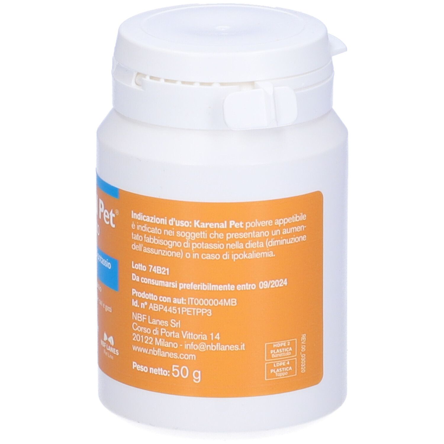 Flacone bianco Karenal Pet. Testo: 'Polvere appetibile', '50 g'. Etichetta arancione con testo.
