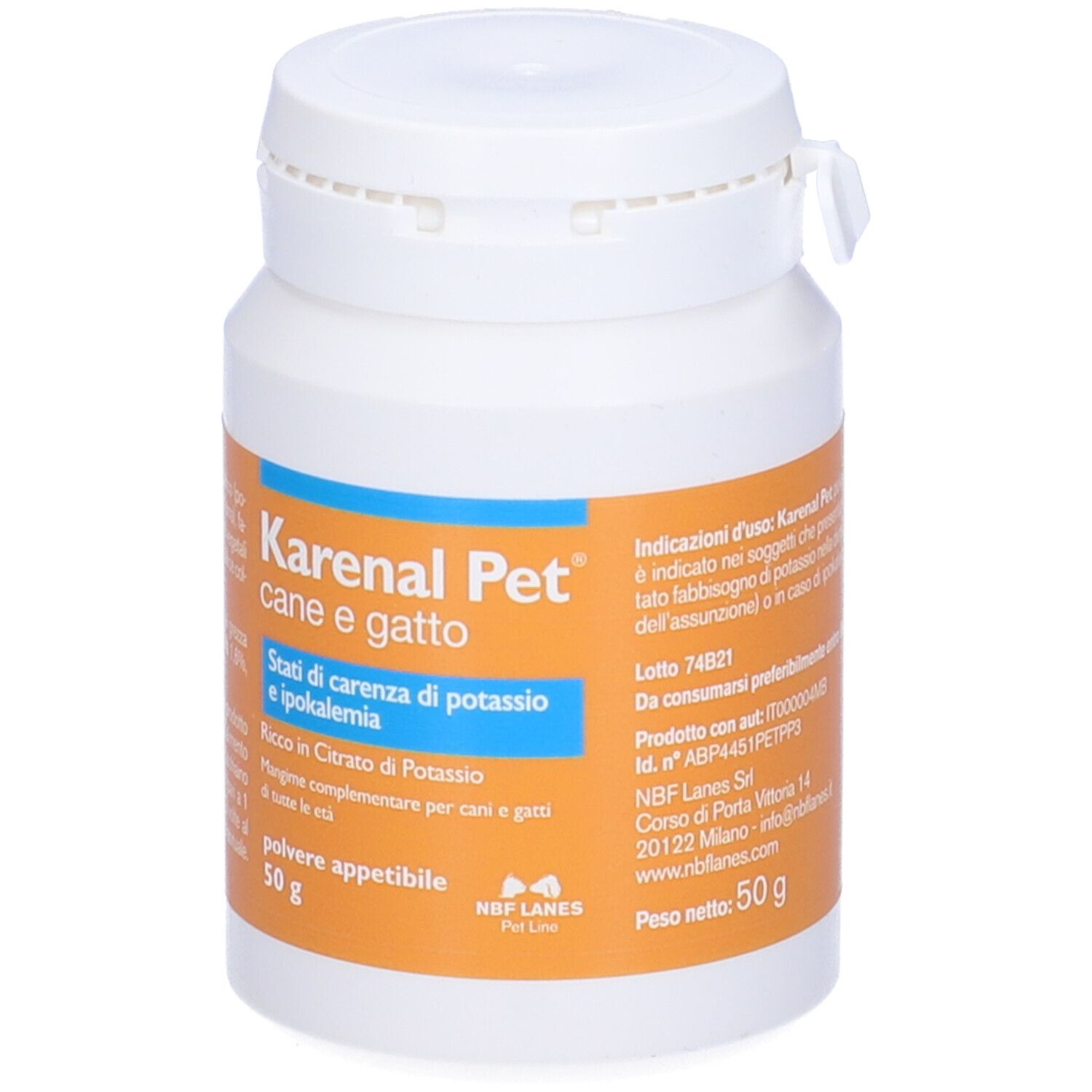 Flacone bianco Karenal Pet. Testo: 'Polvere appetibile', '50 g'. Etichetta arancione con testo.