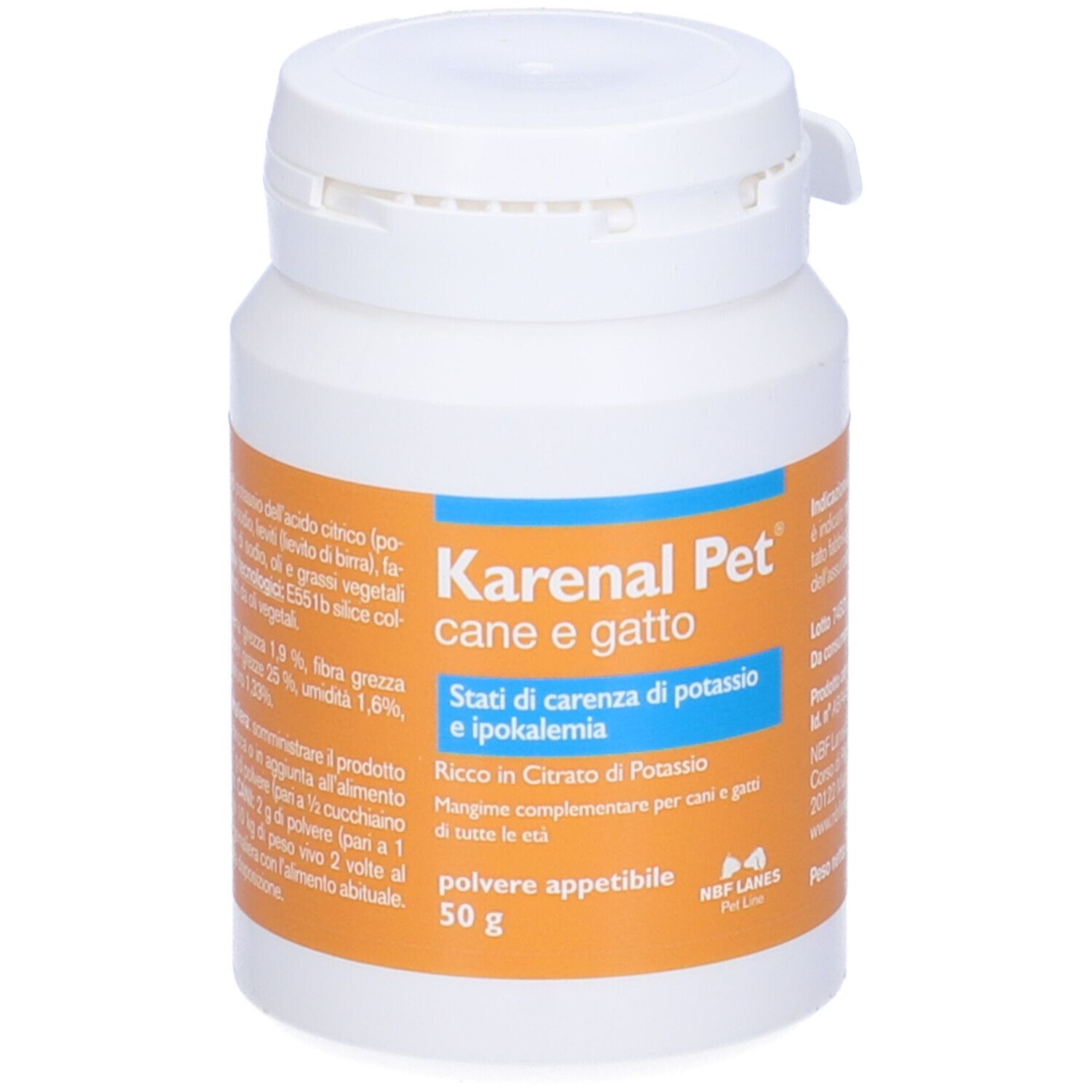 Flacone bianco Karenal Pet. Testo: 'Polvere appetibile', '50 g'. Etichetta arancione con testo.