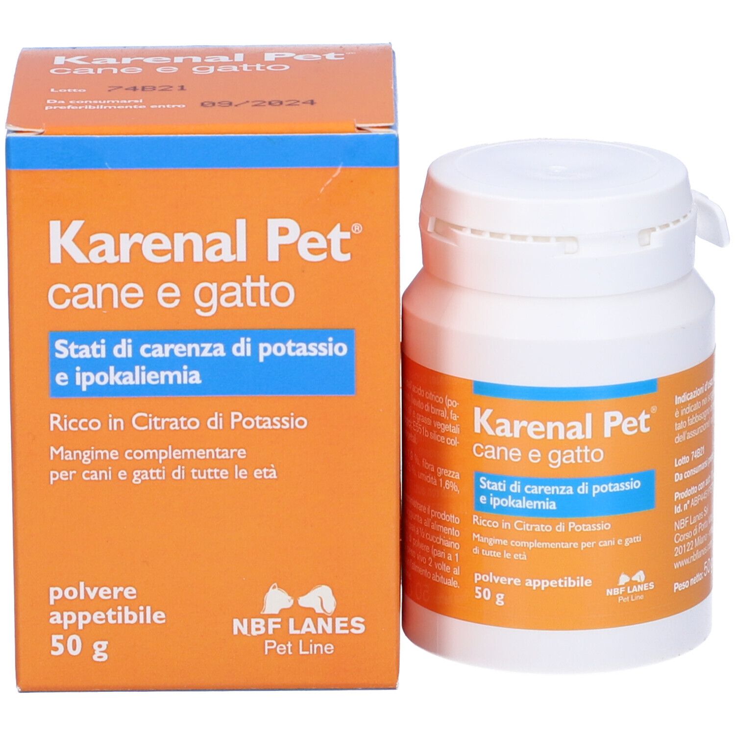 Flacone e scatola Karenal Pet. Arancione e bianco. Testo: 'Polvere appetibile', '50 g'.