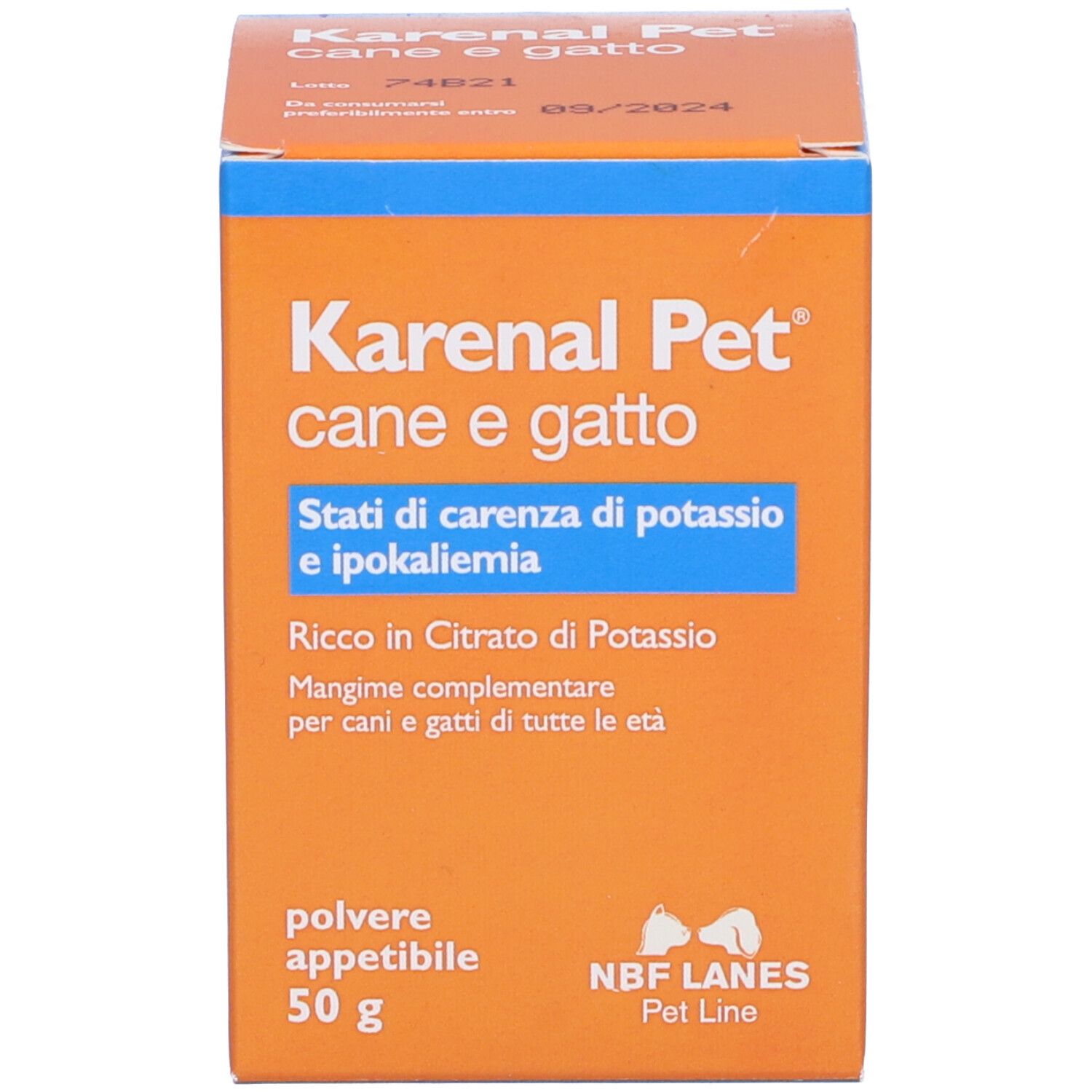 Scatola arancione Karenal Pet. Testo: 'Polvere appetibile', '50 g'.