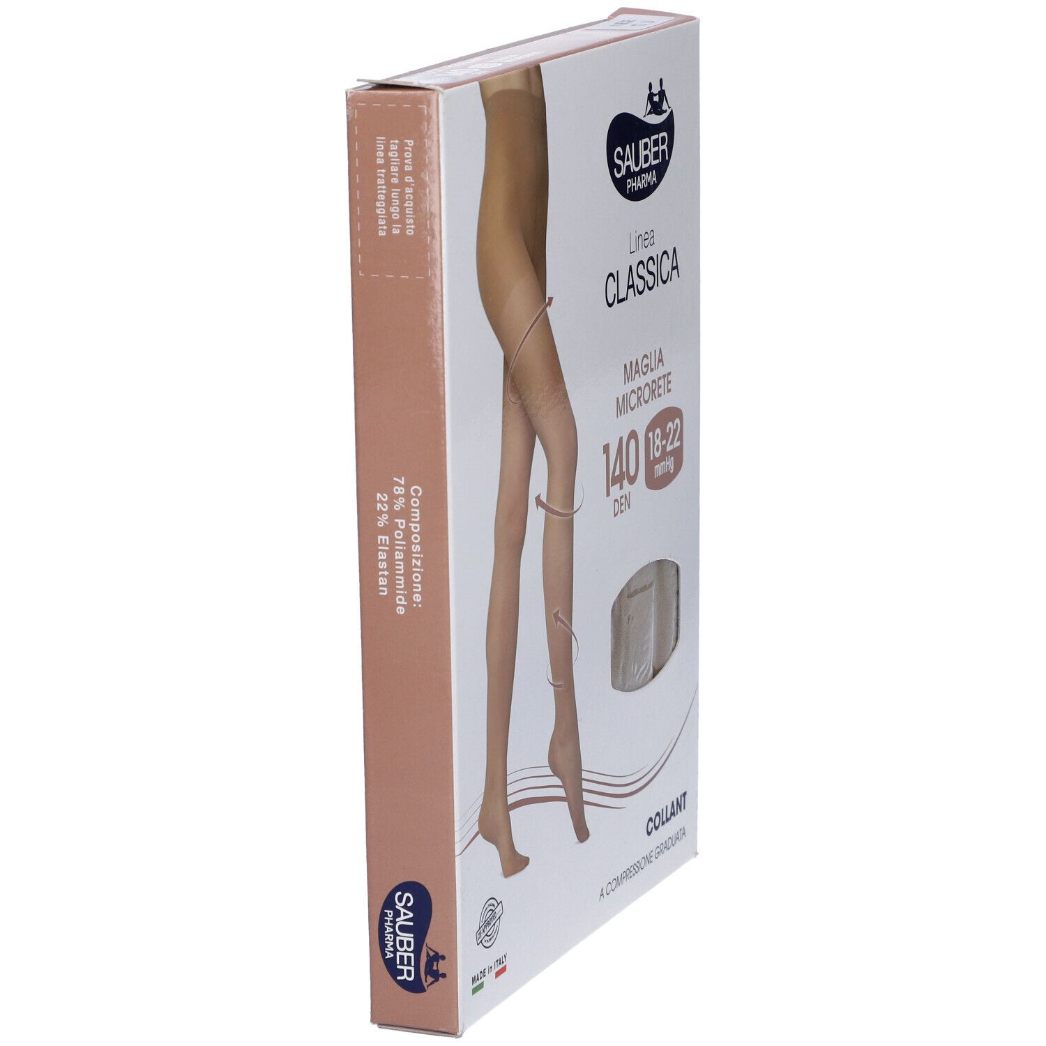 Confezione Sauber Classica 140 Den Neutro Beige. Vista laterale con informazioni.