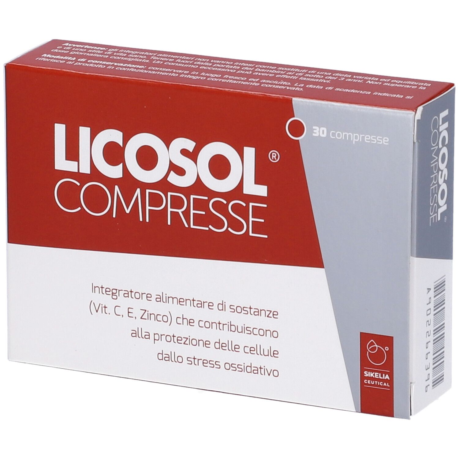 Scatola con nome del prodotto e scritta '30 compresse'. Colori rosso e bianco.