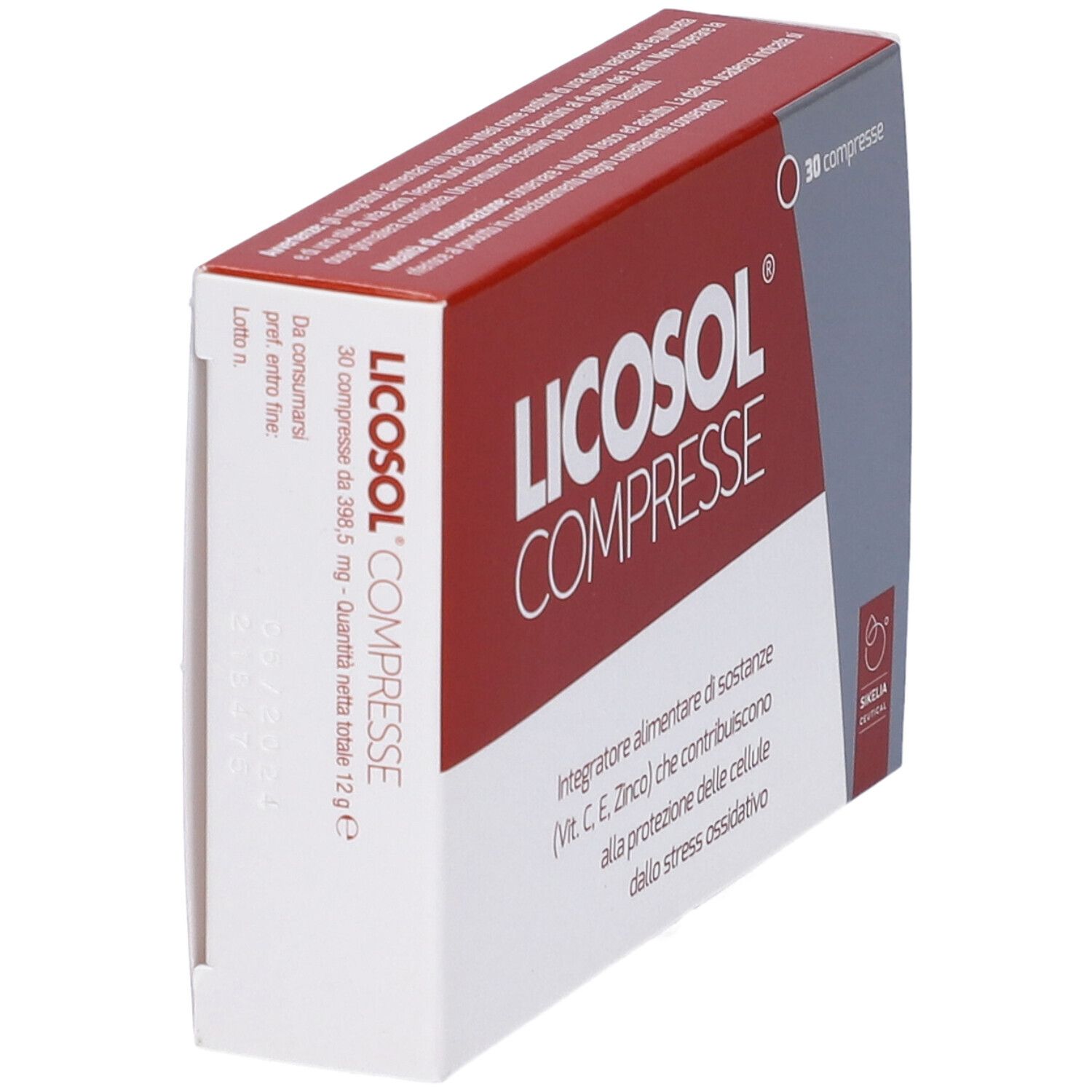 Scatola con nome del prodotto e scritta '30 compresse'. Colori rosso e bianco, vista obliqua.