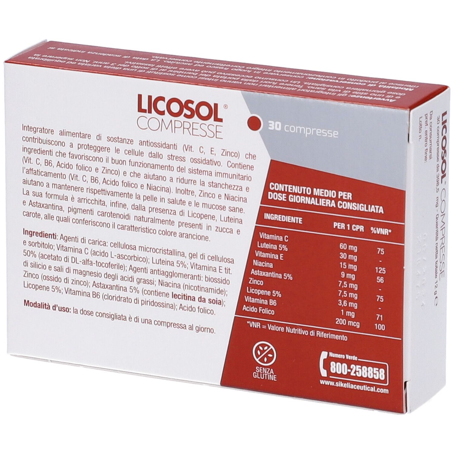 Retro della scatola con informazioni sugli ingredienti e tabella nutrizionale. 30 compresse.