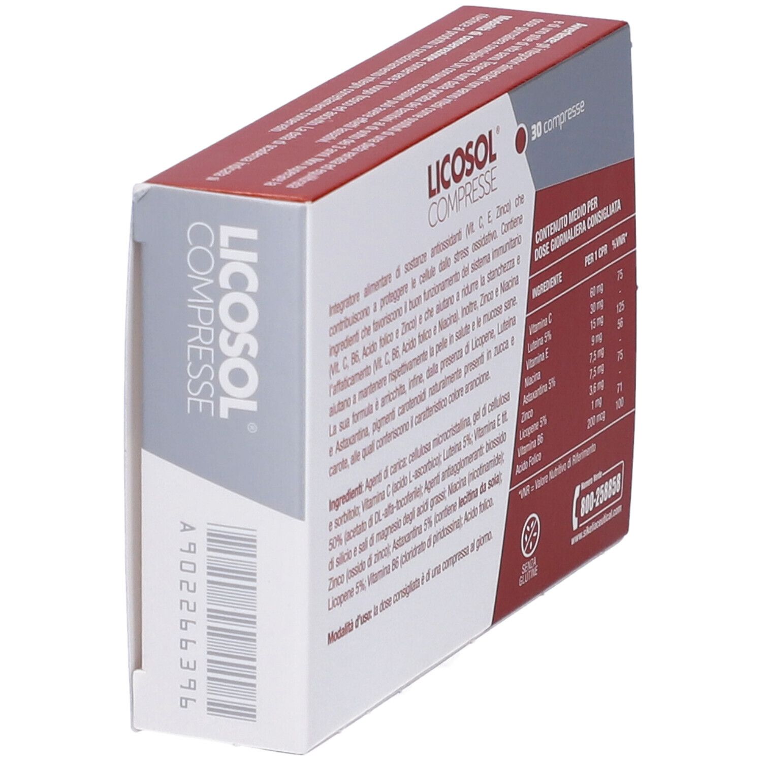 Scatola con nome del prodotto e scritta '30 compresse'. Colori rosso e bianco, vista obliqua.