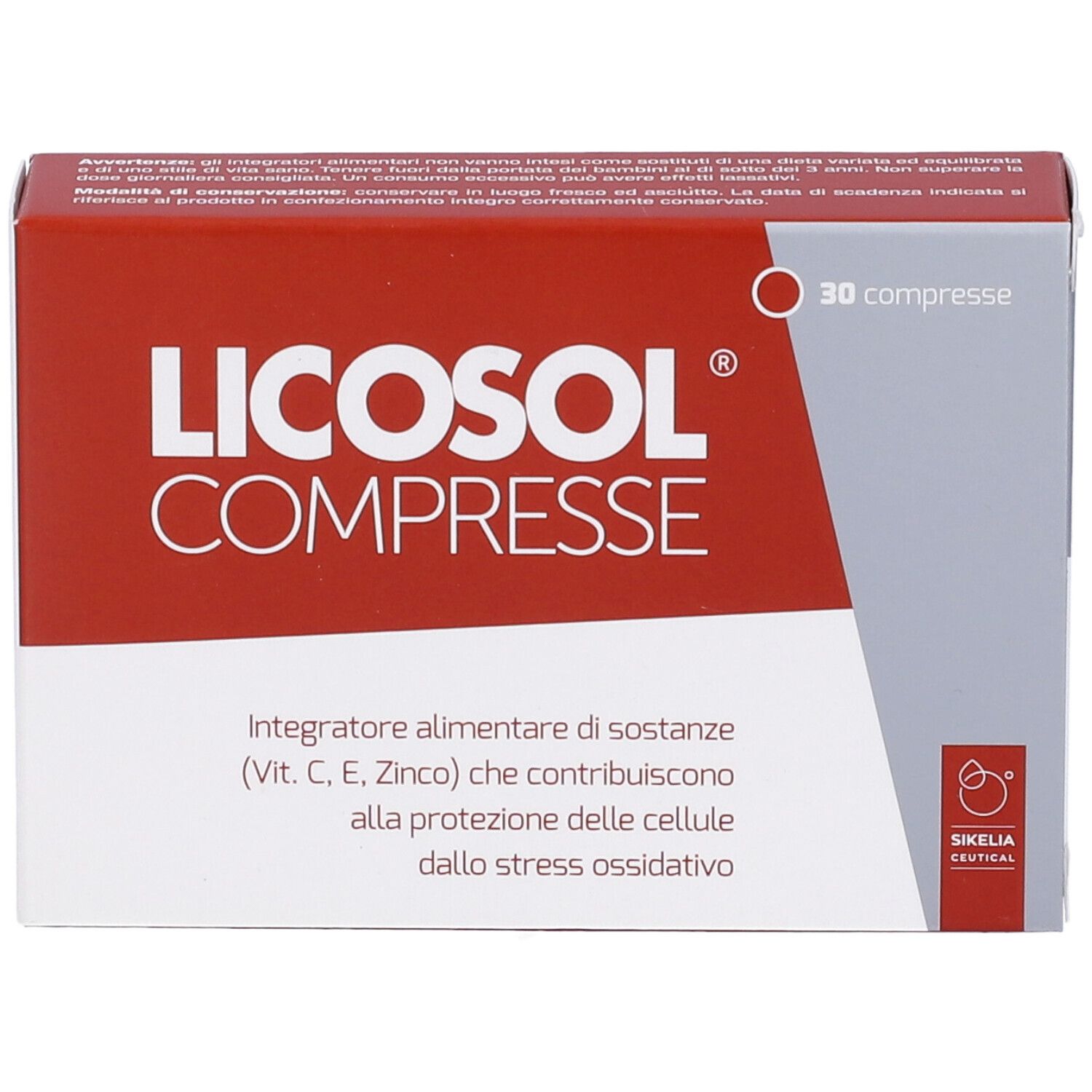 Scatola con nome del prodotto e scritta '30 compresse'. Colori rosso e bianco.