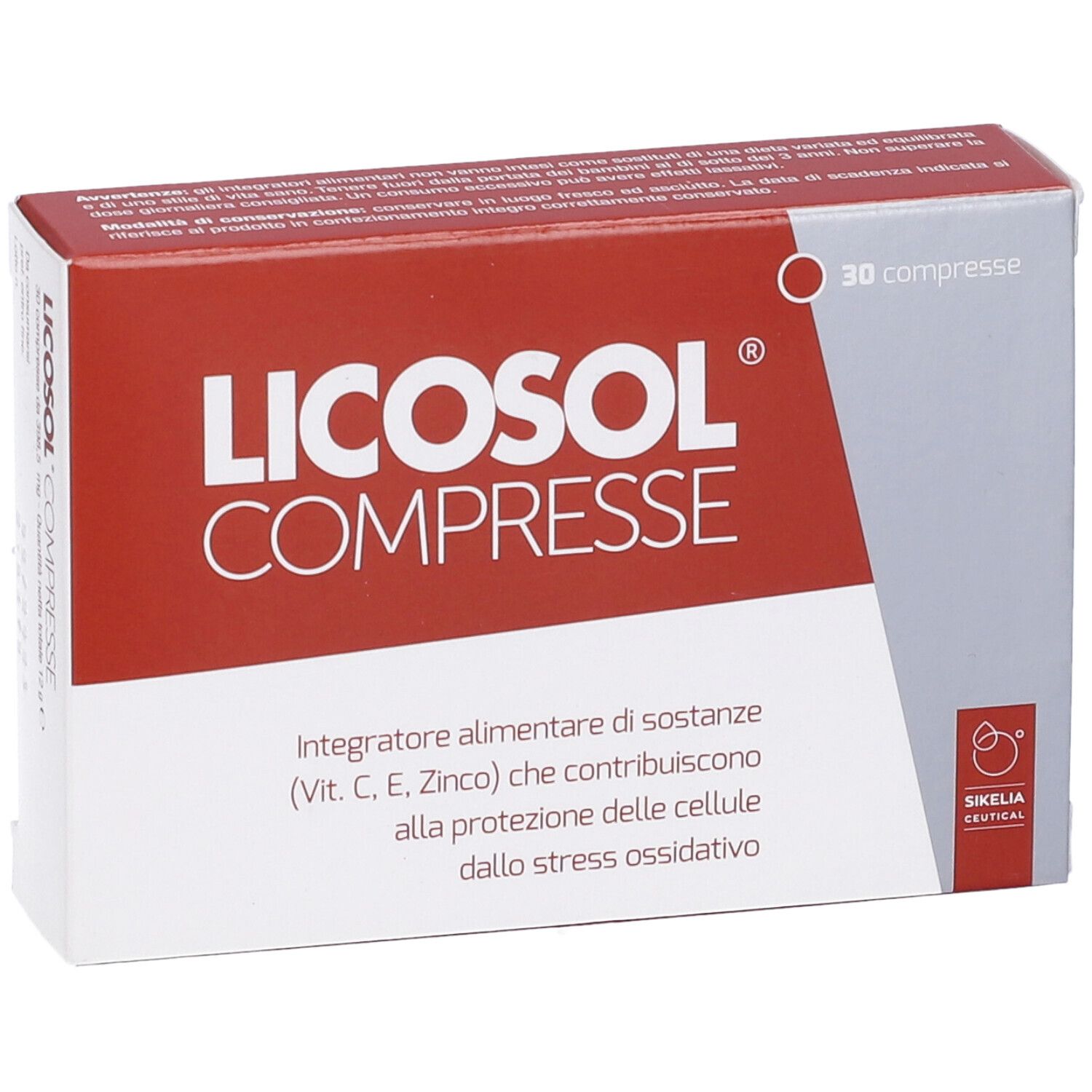 Scatola con nome del prodotto e scritta '30 compresse'. Colori rosso e bianco.