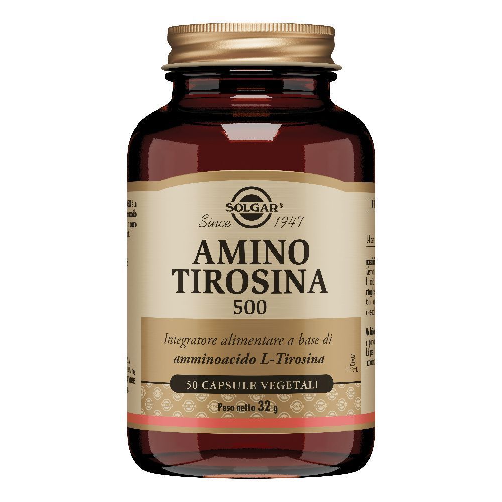 Flacone di vetro marrone con tappo dorato. L'etichetta indica: Amino Tirosina 500, 50 capsule.