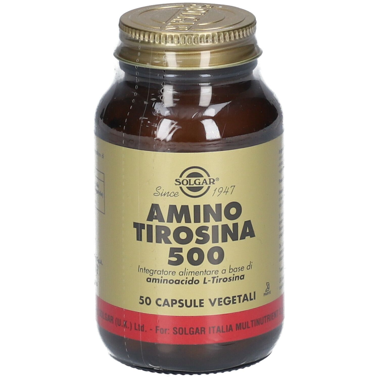 Flacone di vetro marrone con tappo dorato. L'etichetta indica: Amino Tirosina 500, 50 capsule.