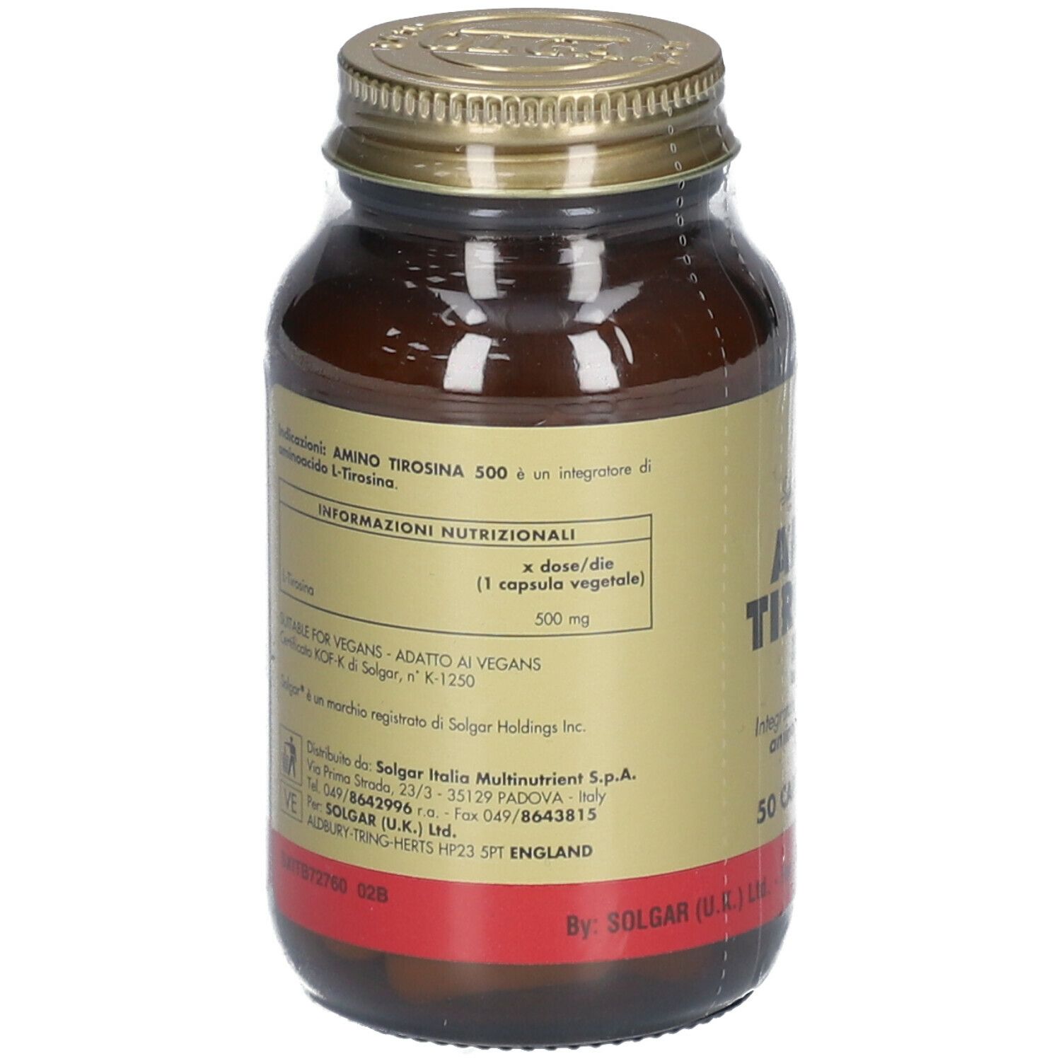 Flacone di vetro marrone con tappo dorato. L'etichetta indica: Amino Tirosina 500, 50 capsule.