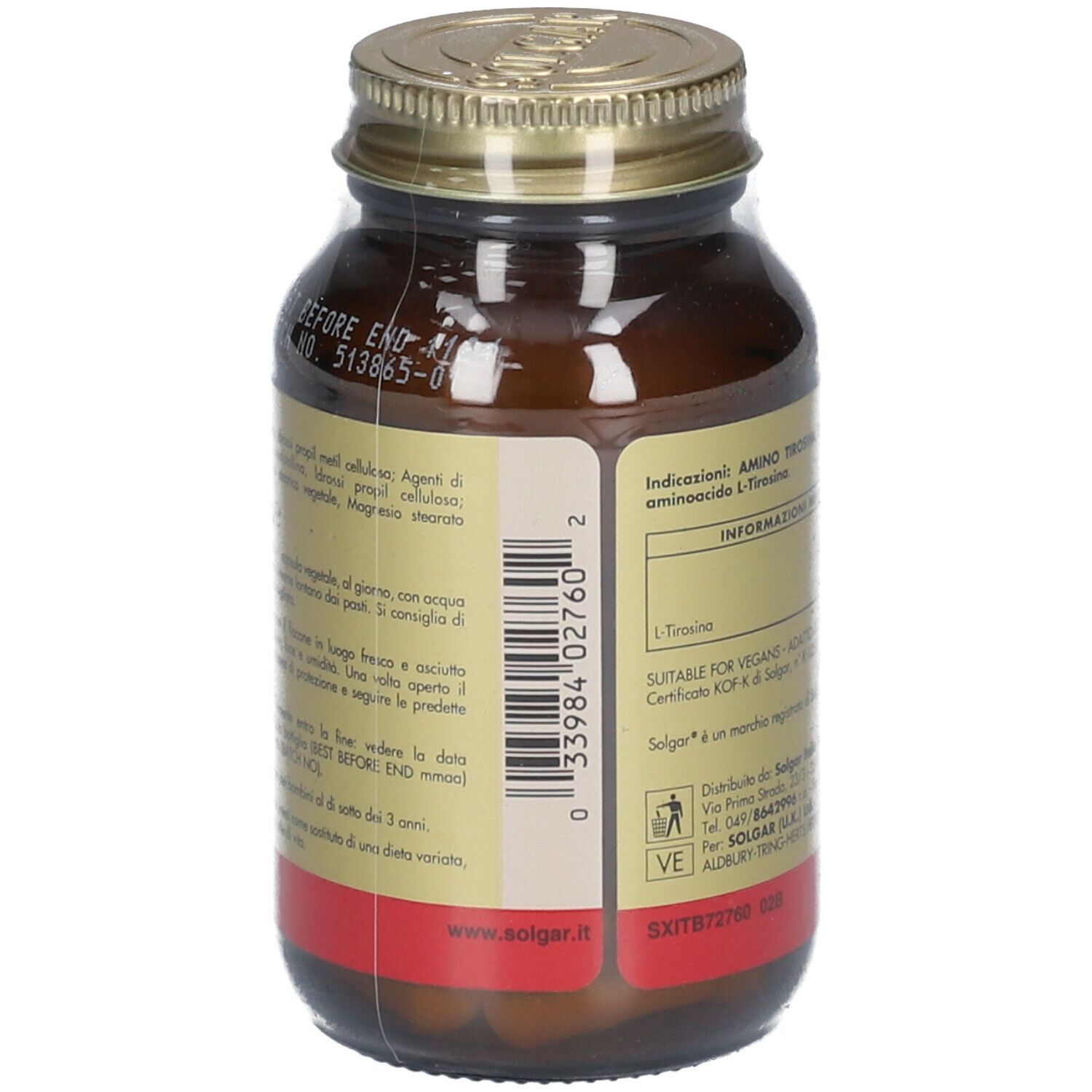 Flacone di vetro marrone con tappo dorato. L'etichetta indica: Amino Tirosina 500, 50 capsule.