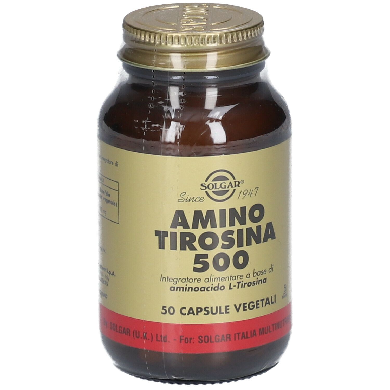 Flacone di vetro marrone con tappo dorato. L'etichetta indica: Amino Tirosina 500, 50 capsule.